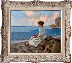 Antique 19th century impressionist painting - Lady on the beach - Sea Mediterranean