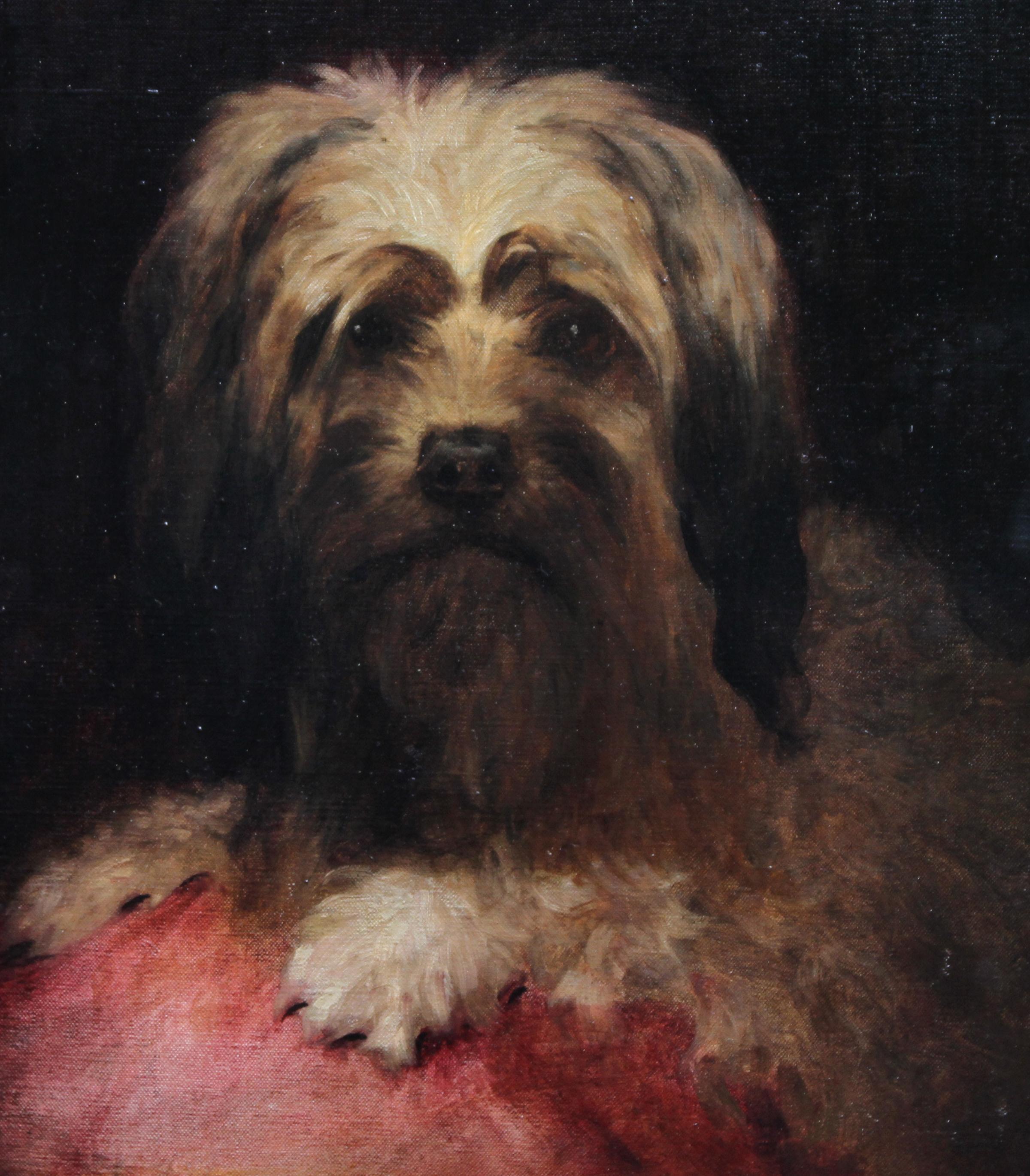 Portrait of a Terrier - French 19th century oil painting dog cushion animal art - Realist Painting by Edouard Krug