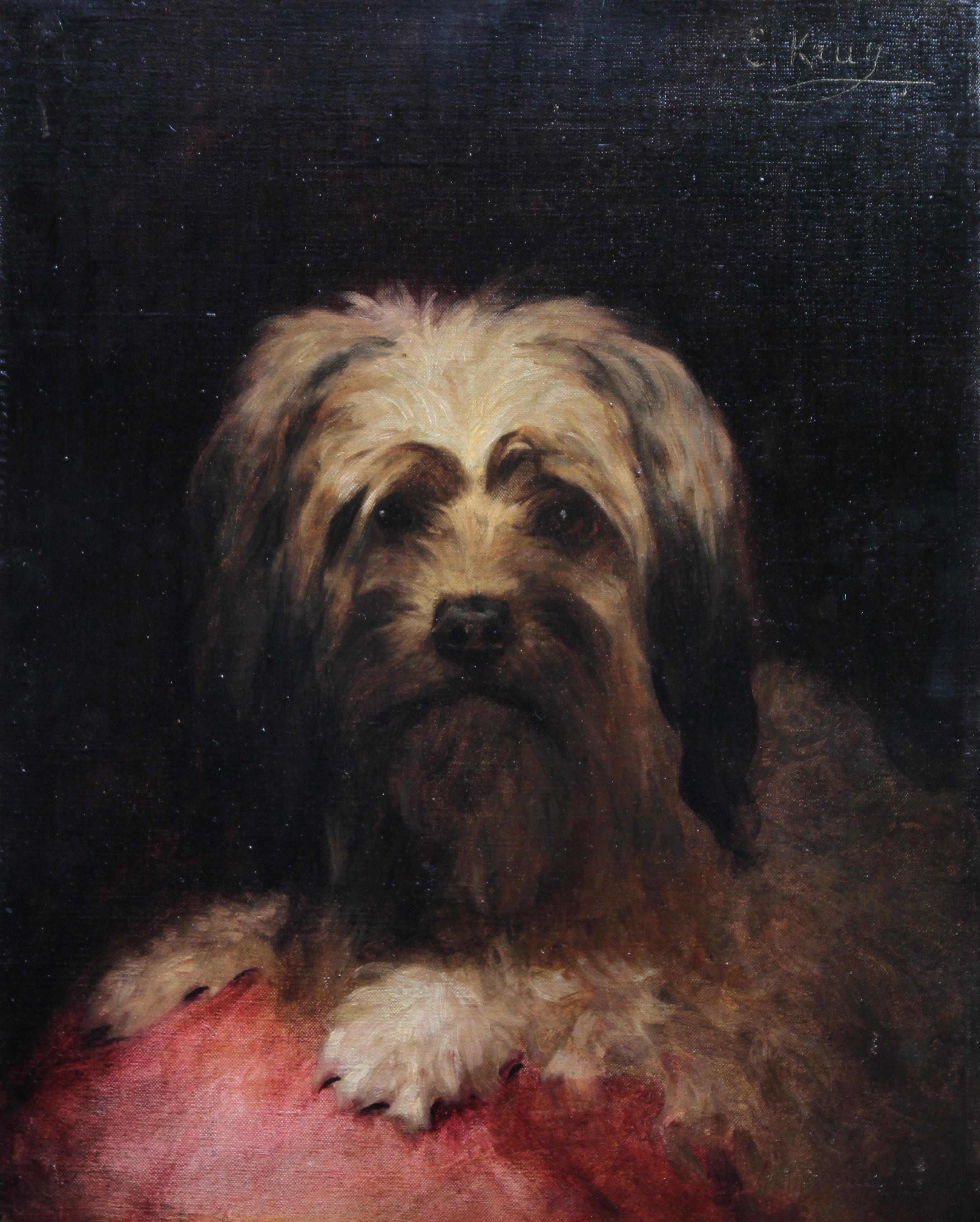Portrait of a Terrier - French 19th century oil painting dog cushion animal art 1