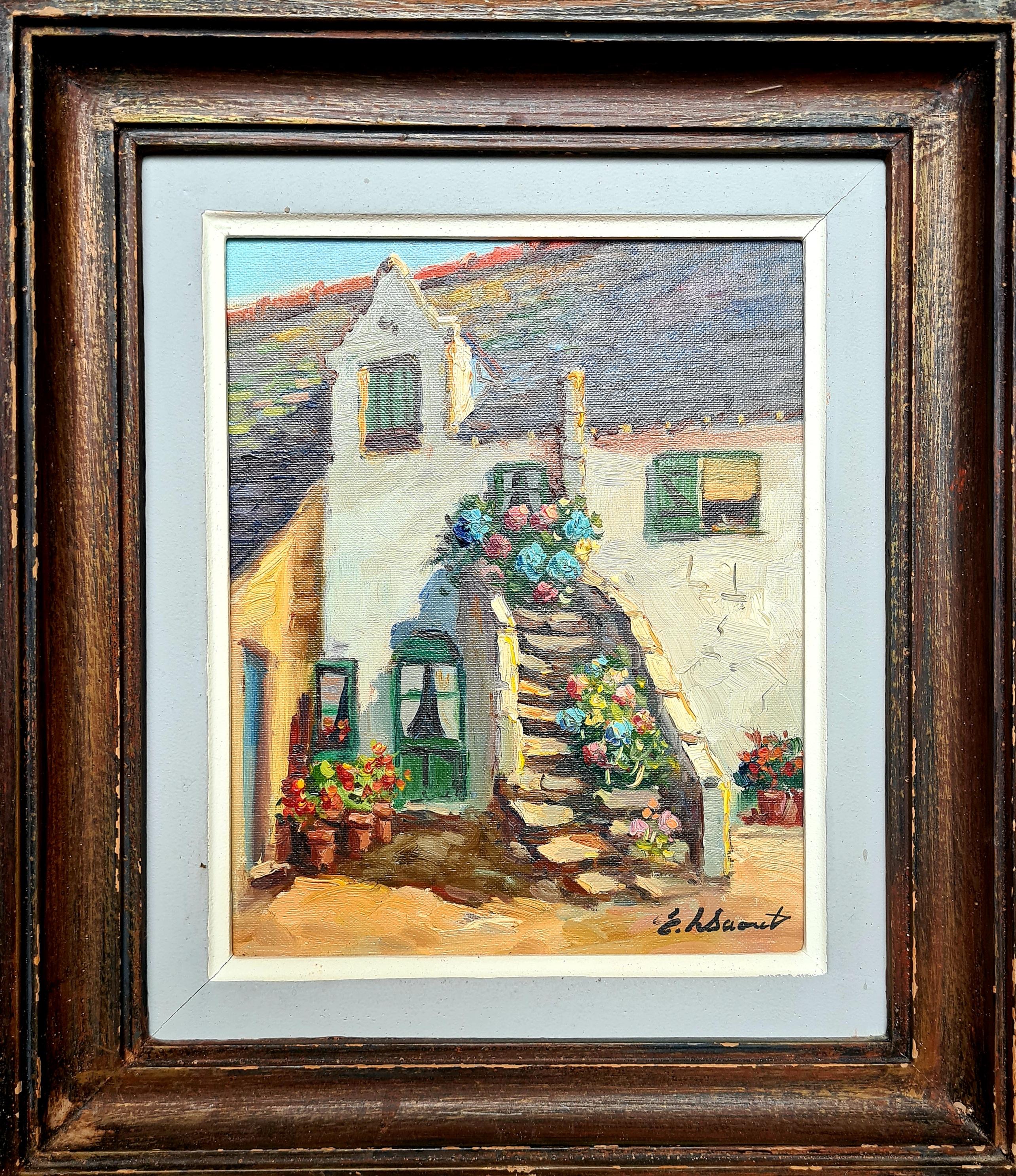 Geranien und Blumen auf einer Cottage-Treppe, französisches Öl auf Leinwand, Mitte des Jahrhunderts – Painting von  Edouard LE SAOUT