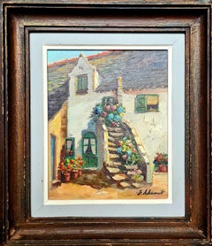 Géraniums et fleurs sur un escalier de maison de campagne, huile sur toile du milieu du siècle dernier