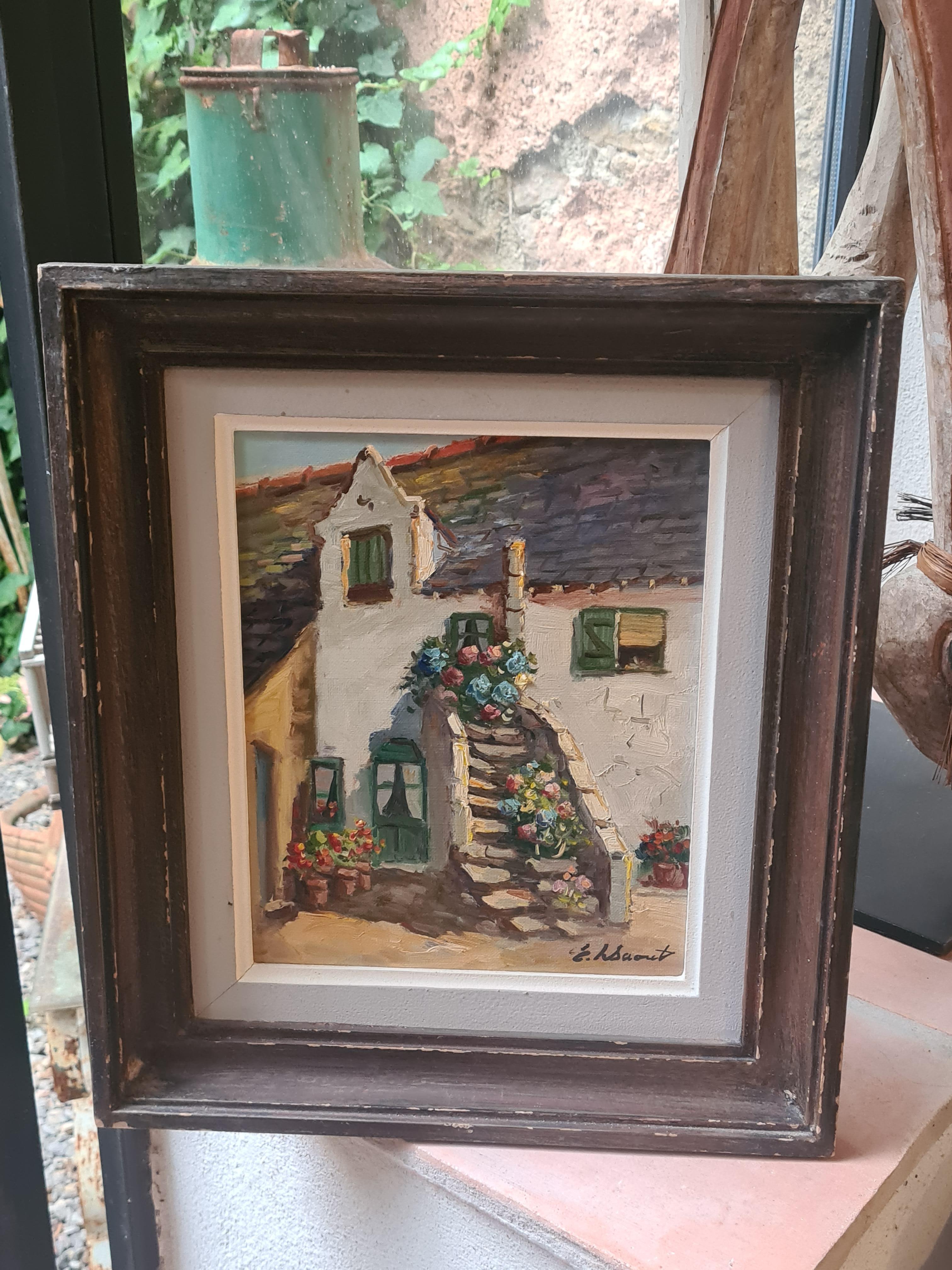 Geranien und Blumen auf einer Cottage-Treppe, französisches Öl auf Leinwand, Mitte des Jahrhunderts (Romantik), Painting, von  Edouard LE SAOUT
