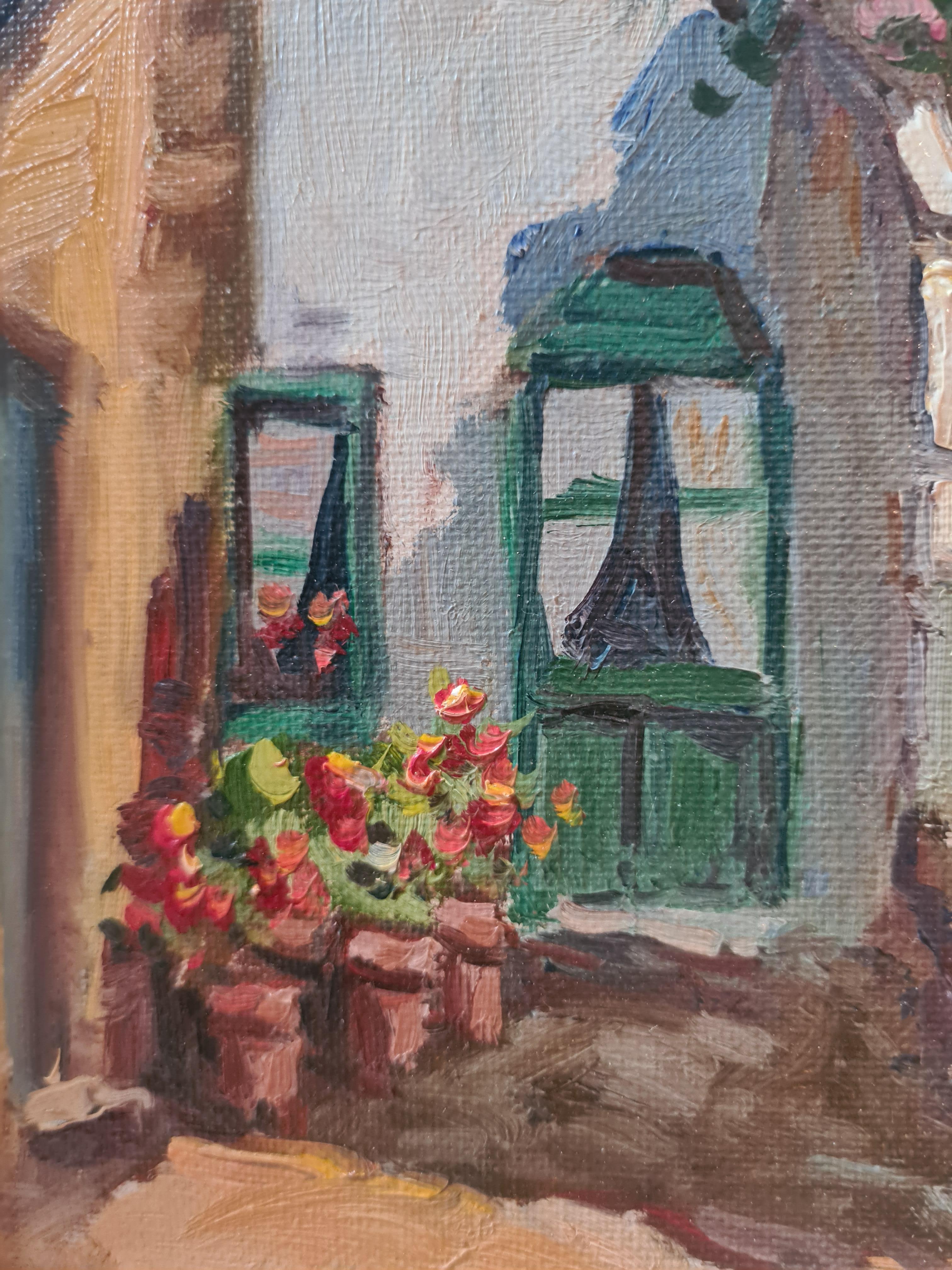 Geranien und Blumen. Französische Mid Century Öl auf Leinwand Ansicht von Blumen und ein Häuschen von Edouard Le Saout. Das Gemälde ist unten rechts signiert und wird in einem maßgefertigten Holzrahmen präsentiert.

Dieses Gemälde fängt den