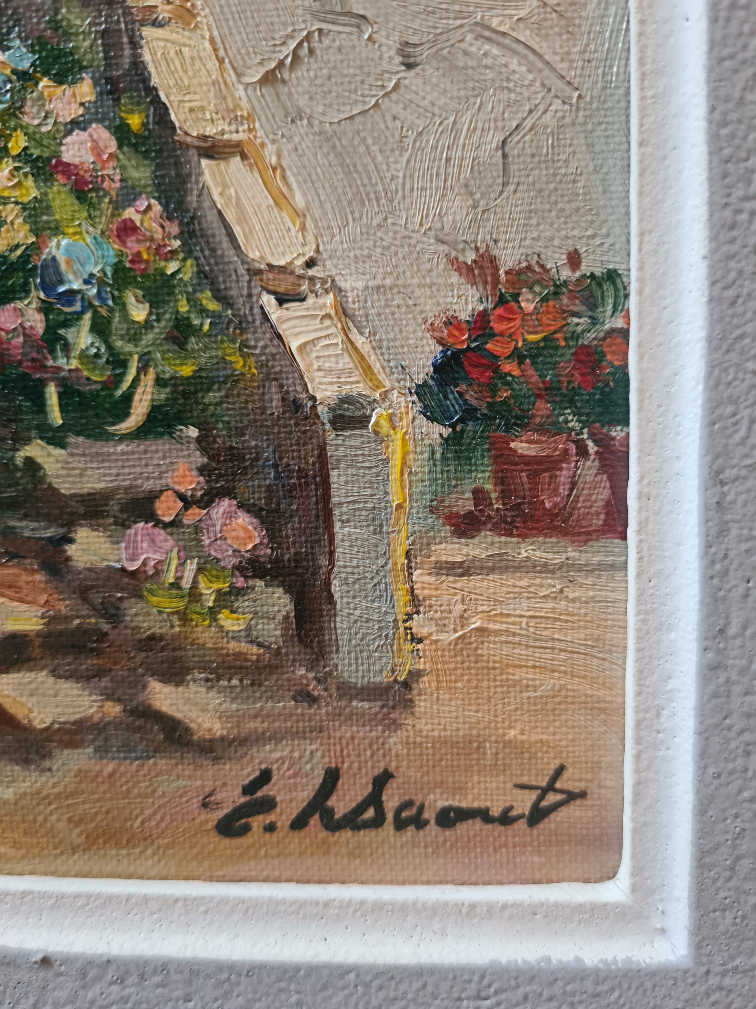 Geranien und Blumen auf einer Cottage-Treppe, französisches Öl auf Leinwand, Mitte des Jahrhunderts im Angebot 1