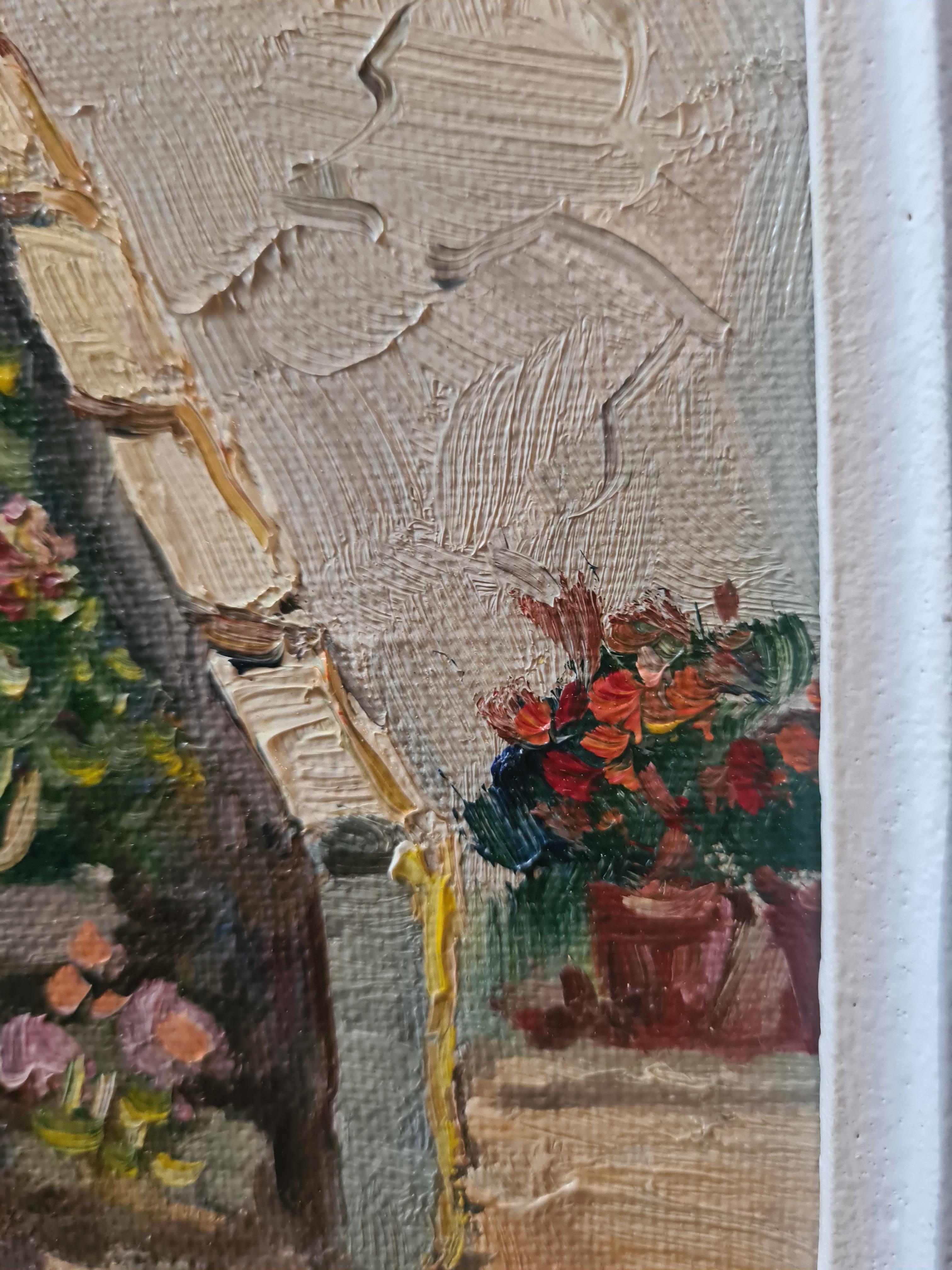 Geranien und Blumen auf einer Cottage-Treppe, französisches Öl auf Leinwand, Mitte des Jahrhunderts im Angebot 2