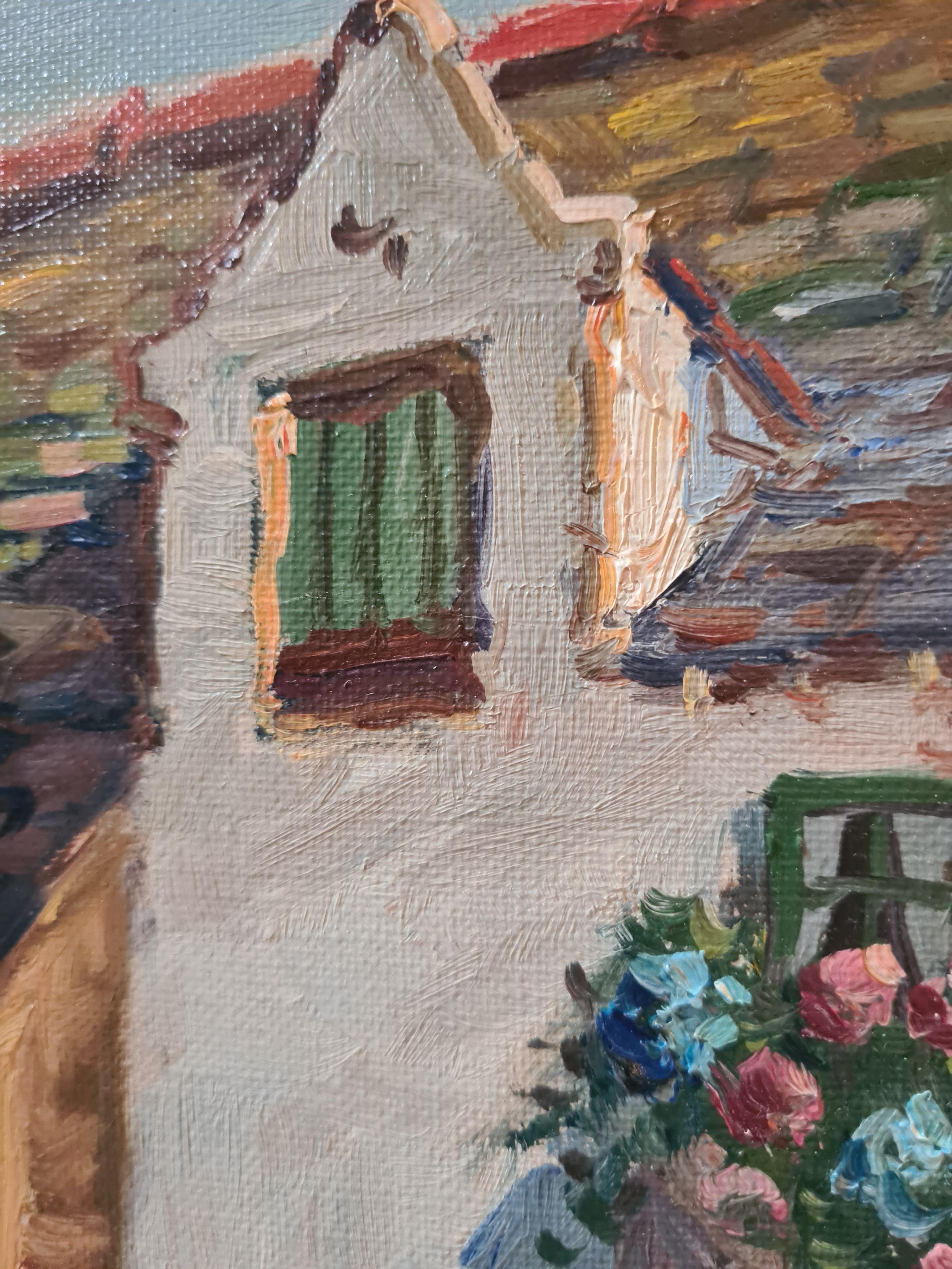 Geranien und Blumen auf einer Cottage-Treppe, französisches Öl auf Leinwand, Mitte des Jahrhunderts im Angebot 3