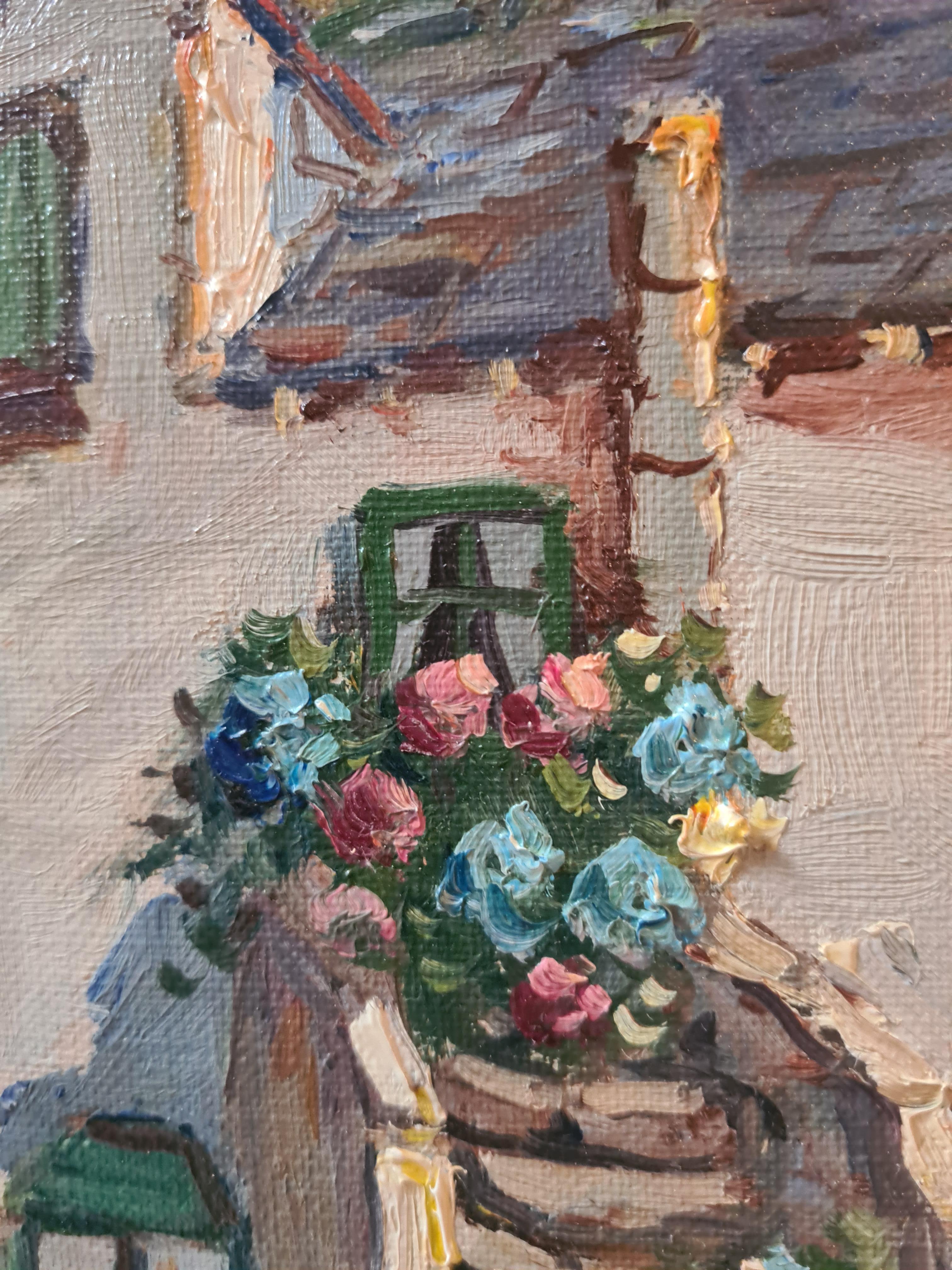 Geranien und Blumen auf einer Cottage-Treppe, französisches Öl auf Leinwand, Mitte des Jahrhunderts im Angebot 4