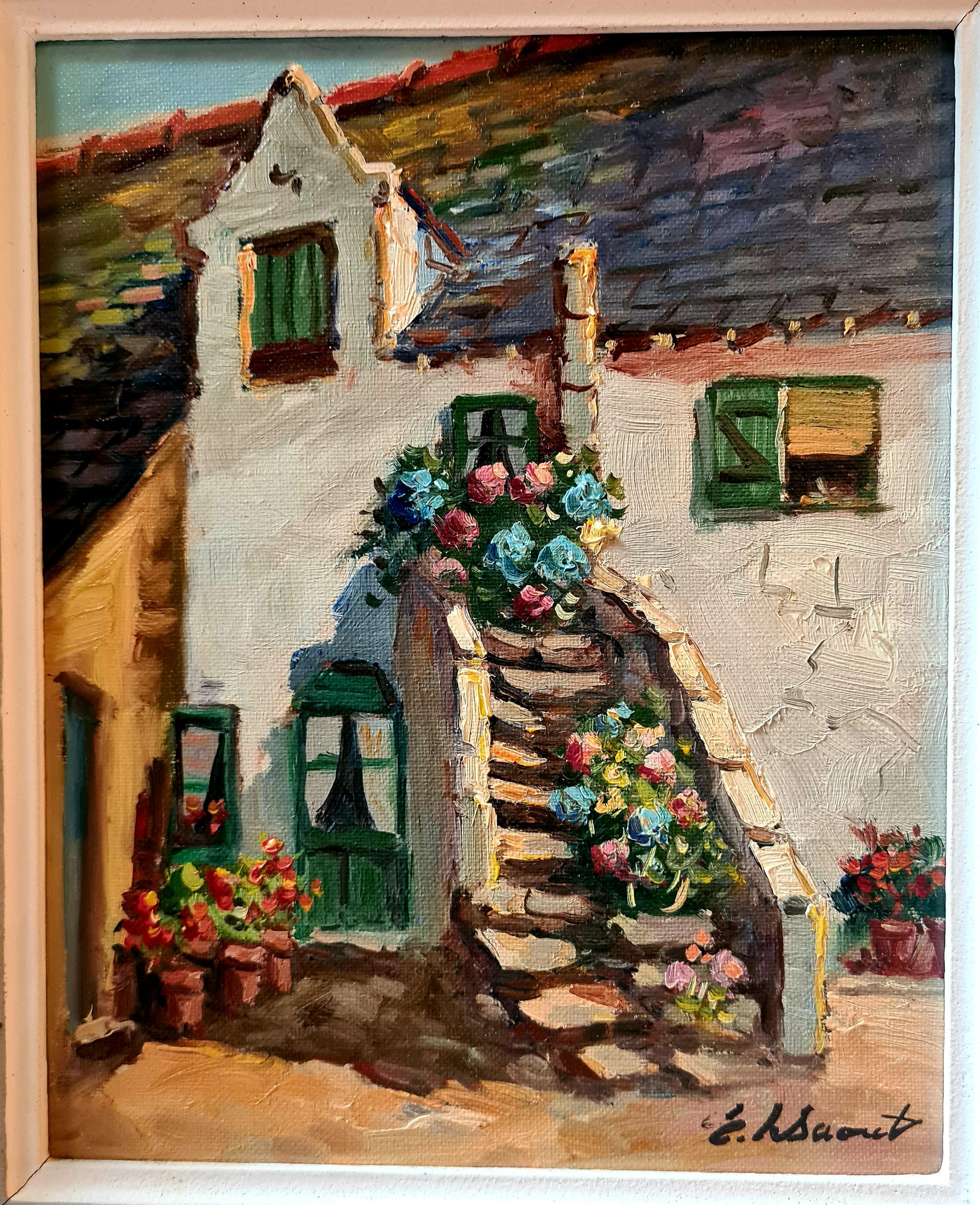  Edouard LE SAOUT Landscape Painting – Geranien und Blumen auf einer Cottage-Treppe, französisches Öl auf Leinwand, Mitte des Jahrhunderts