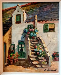 Vintage Geraniums and Flowers on a Cottage Staircase, French Mid Century Oil on Canvas