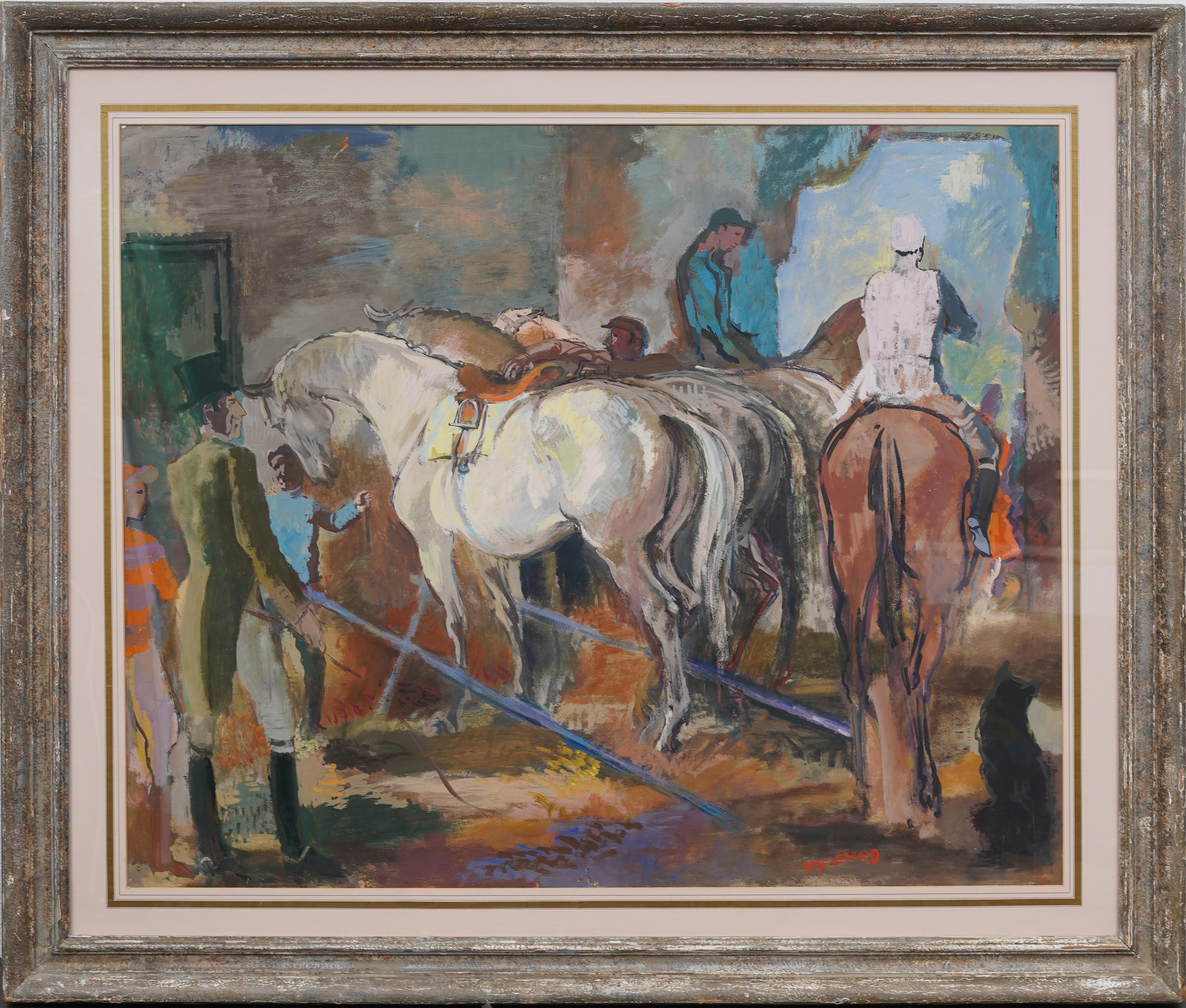 Grande dipinto equestre d'epoca modernista con cornice, paesaggio del fienile del cavallo - Painting di Edouard Legrand (1892 - 1970)