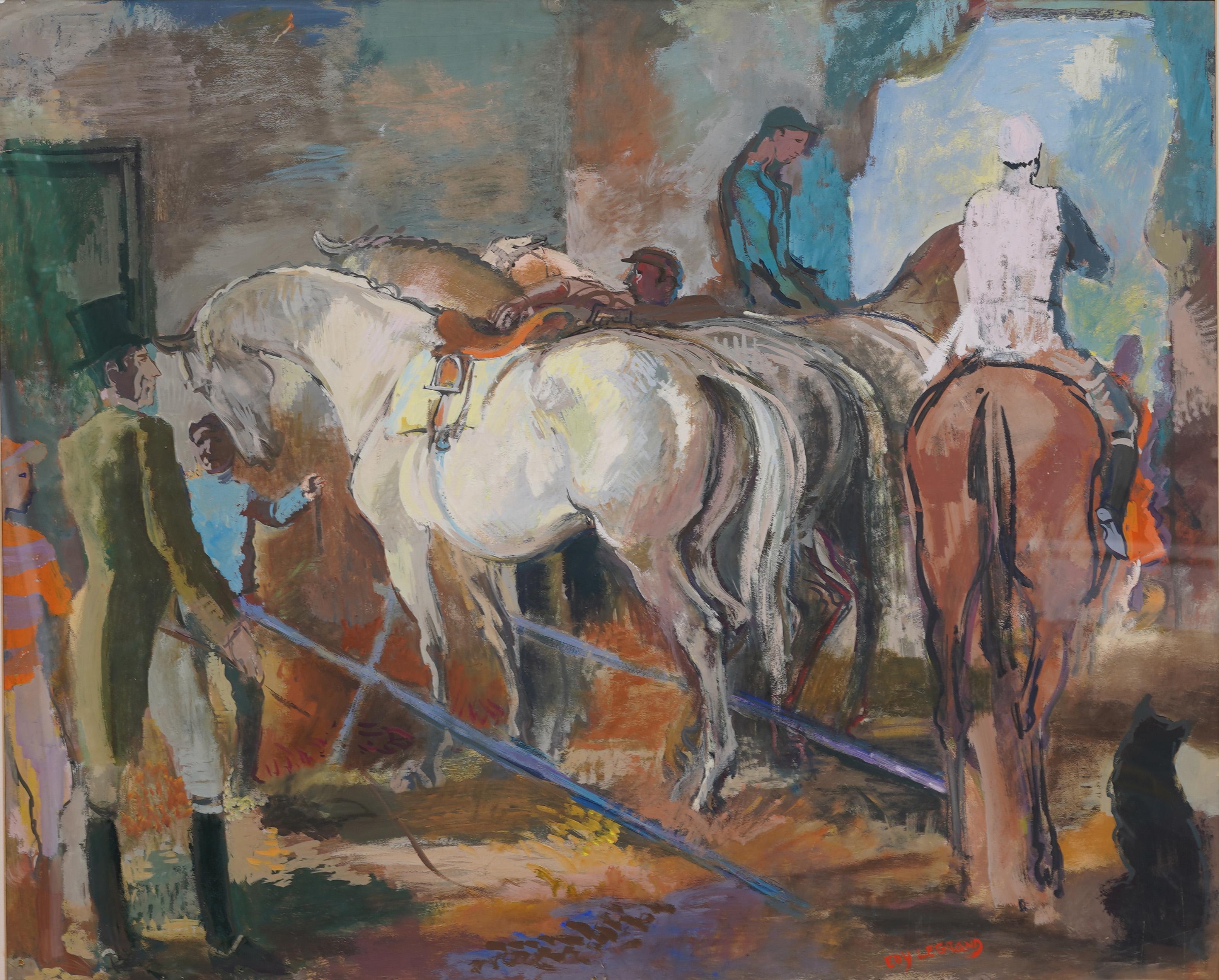 Grande dipinto equestre d'epoca modernista con cornice, paesaggio del fienile del cavallo - Painting Moderno di Edouard Legrand (1892 - 1970)