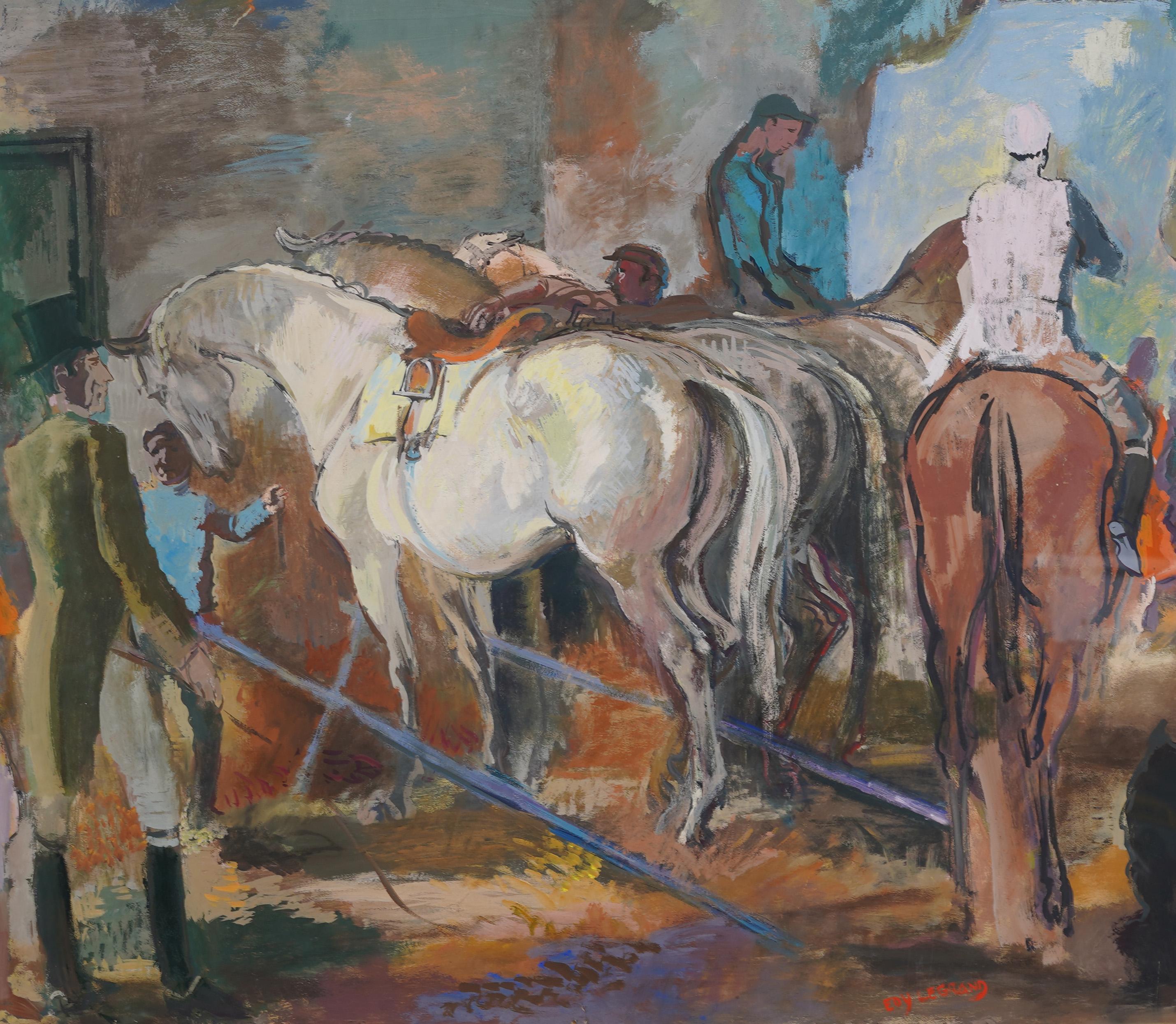 Grande dipinto equestre d'epoca modernista con cornice, paesaggio del fienile del cavallo - Landscape Painting Grigio di Edouard Legrand (1892 - 1970)