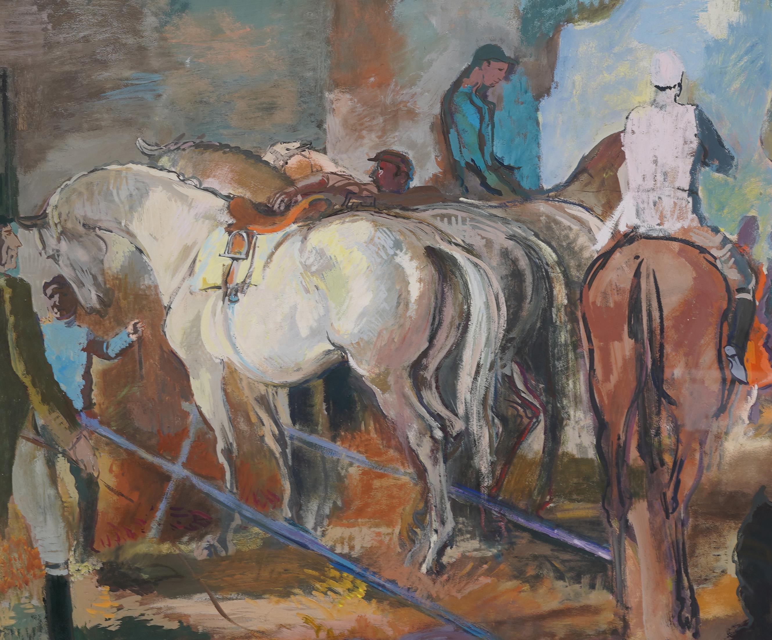 Antique French American modernist horse barn painting. Pittura a tecnica mista su carta. Incorniciato. Firmato. Misura 41 x 49 pollici in totale e 31,5 x 39,5 solo per il dipinto. In eccellenti condizioni originali. Incorniciato da una modanatura in