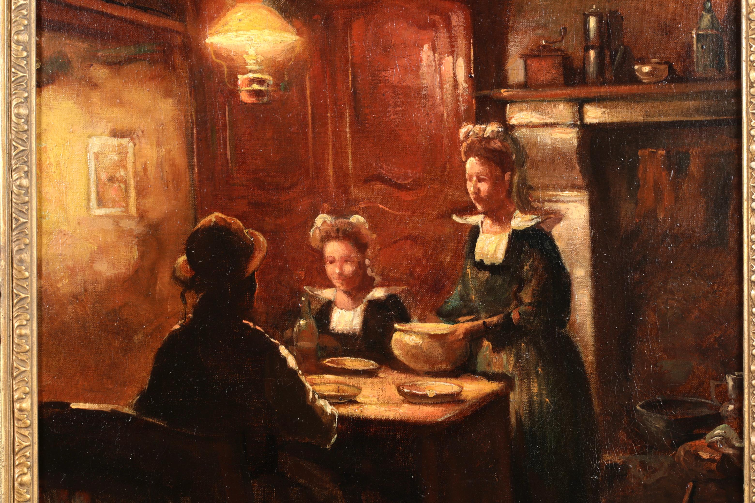 Signierte Figuren in Interieur Öl auf Leinwand um 1910 von gesuchten Französisch impressionistischen Maler Edouard Leon Cortes. Dieses charmante und nostalgische Werk zeigt eine Familie beim Abendessen in einer typisch bretonischen Küchenszene. Ein