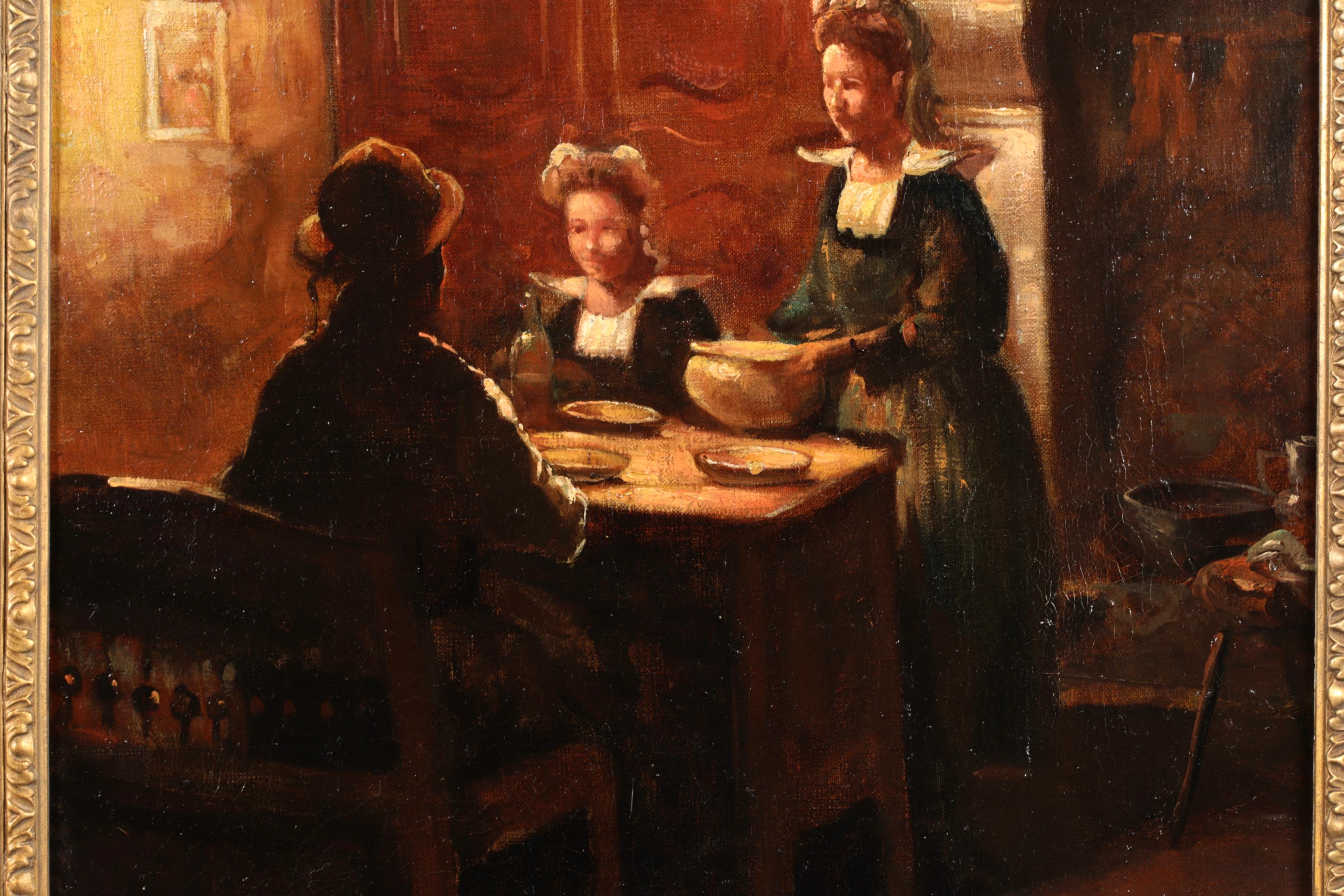 Huile sur toile signée de figures dans un intérieur circa 1910 par le peintre impressionniste français Edouard Leon Cortes. Cette œuvre charmante et nostalgique représente une famille en train de dîner dans une scène de cuisine typiquement bretonne.