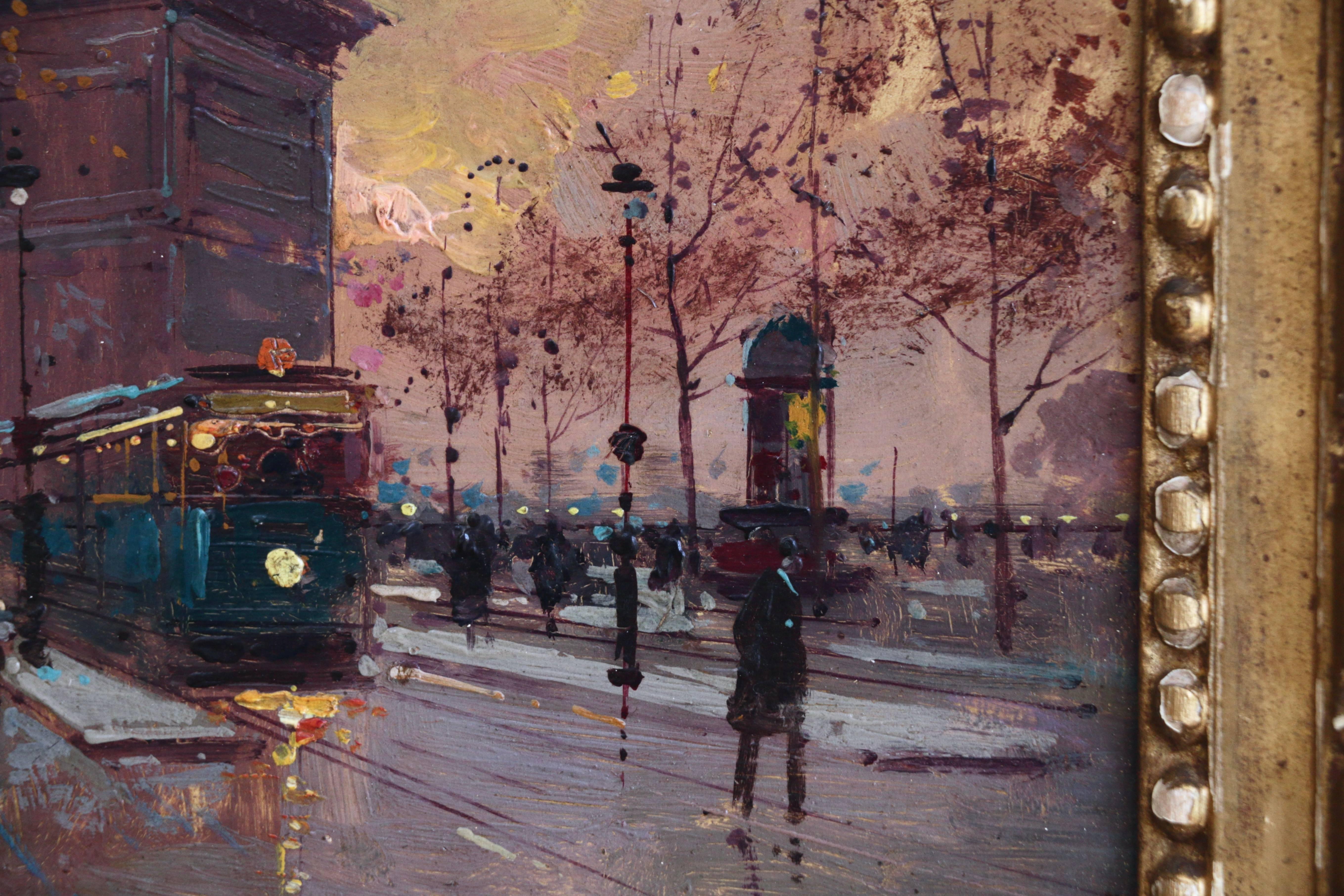 Une image de rue absolument parfaite de Paris, avec comme élément principal le célèbre Arc de Triomphe, vers 1920. Superbe style et caractère distinctif du travail au pinceau de l'artiste très populaire. Huile sur panneau. Signé en bas à droite. Les