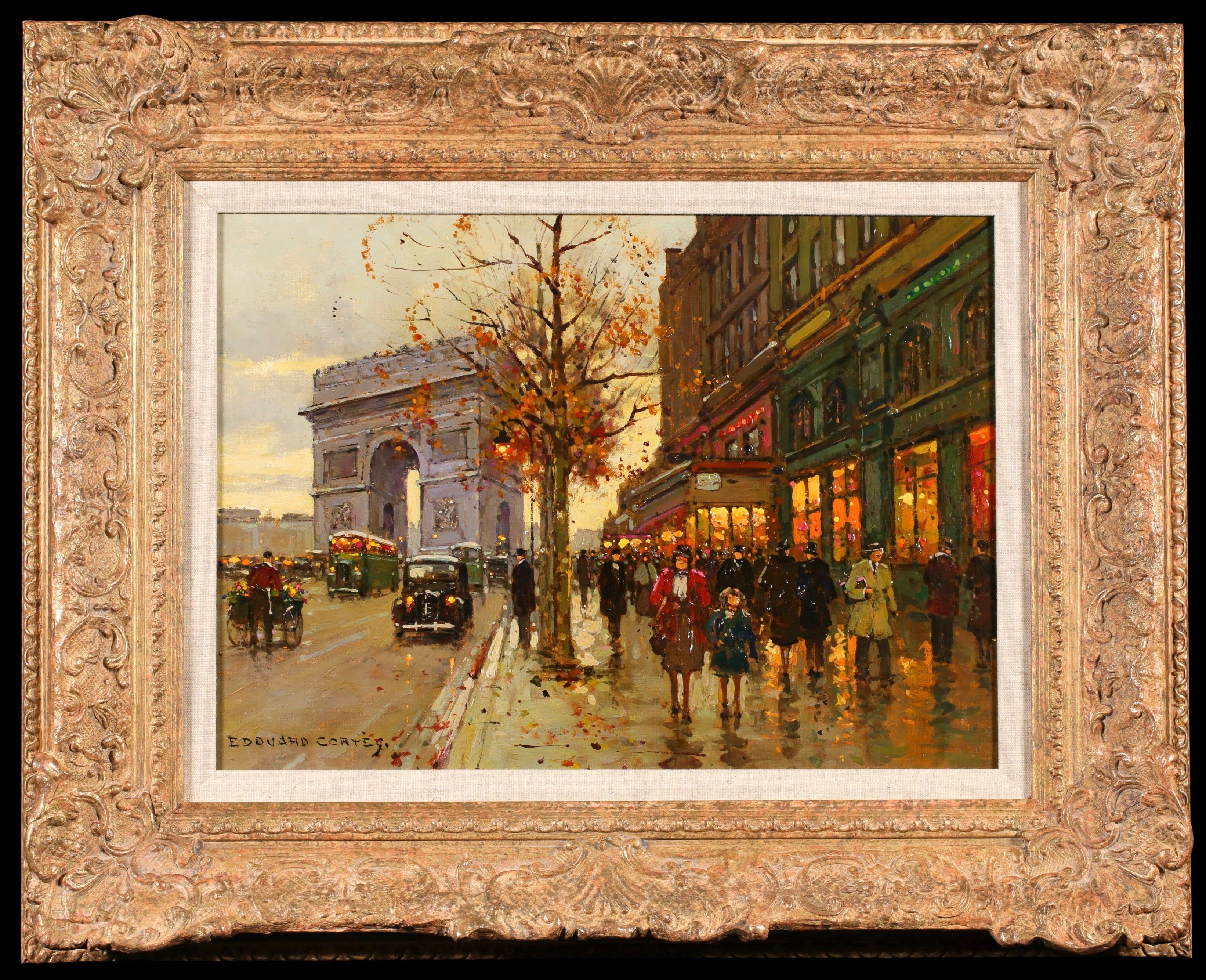 Arc de Triomphe - Impressionist Figures in Cityscape Oil by Edouard Leon Cortes