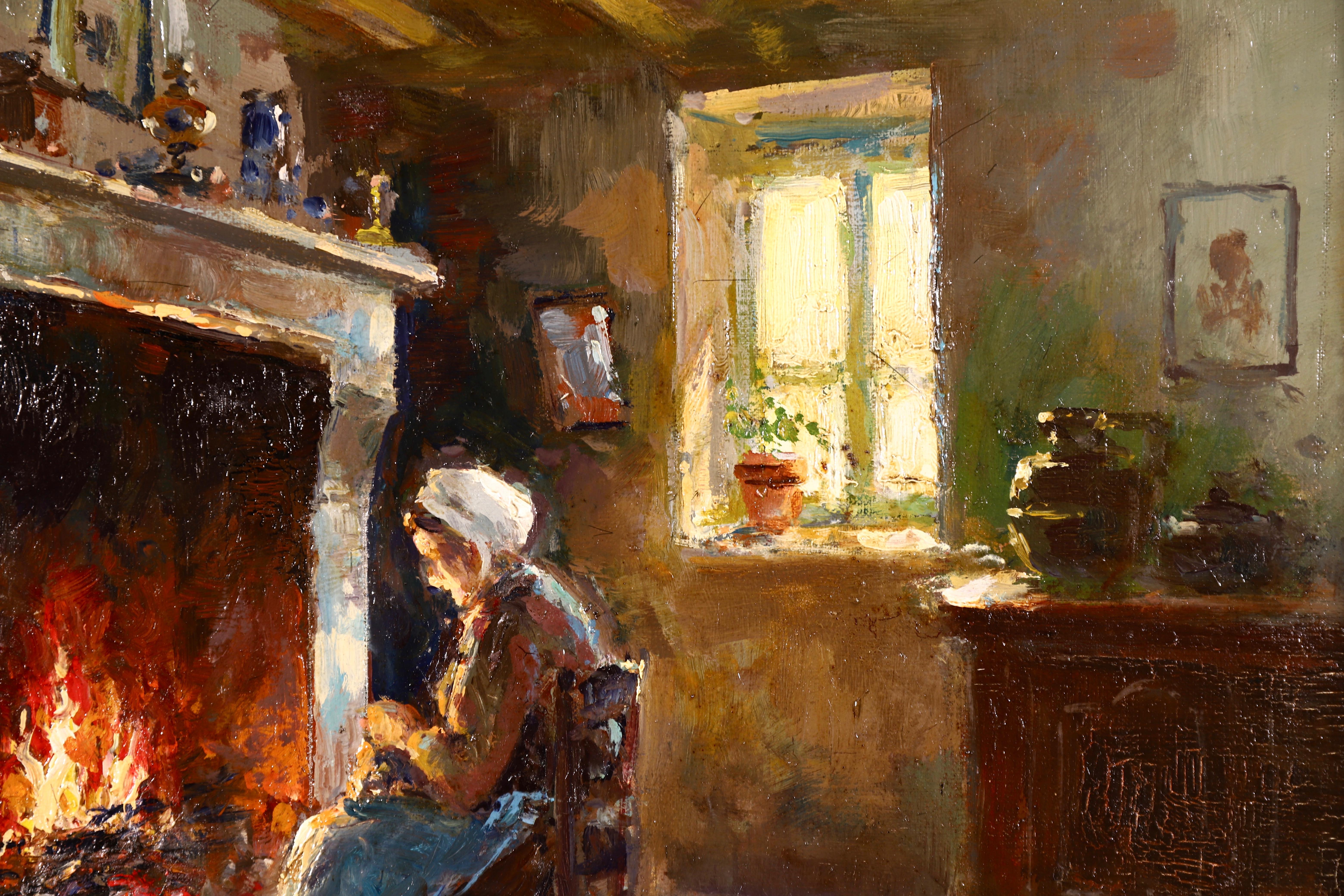 Au coin du feu - Impressionist Oil, Figure in Interior by Edouard Leon Cortes 2