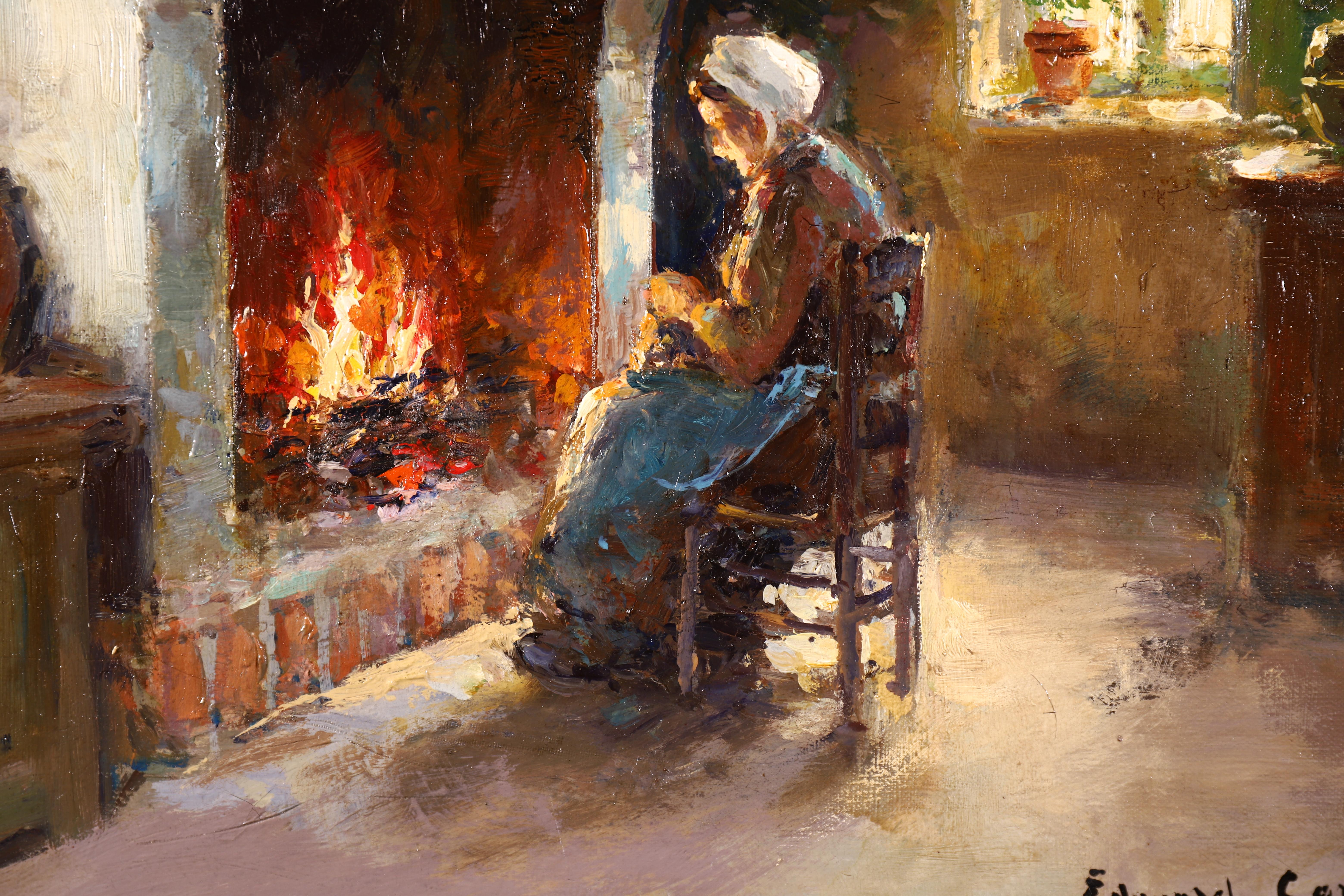 Au coin du feu - Impressionist Oil, Figure in Interior by Edouard Leon Cortes - Painting by Édouard Leon Cortès