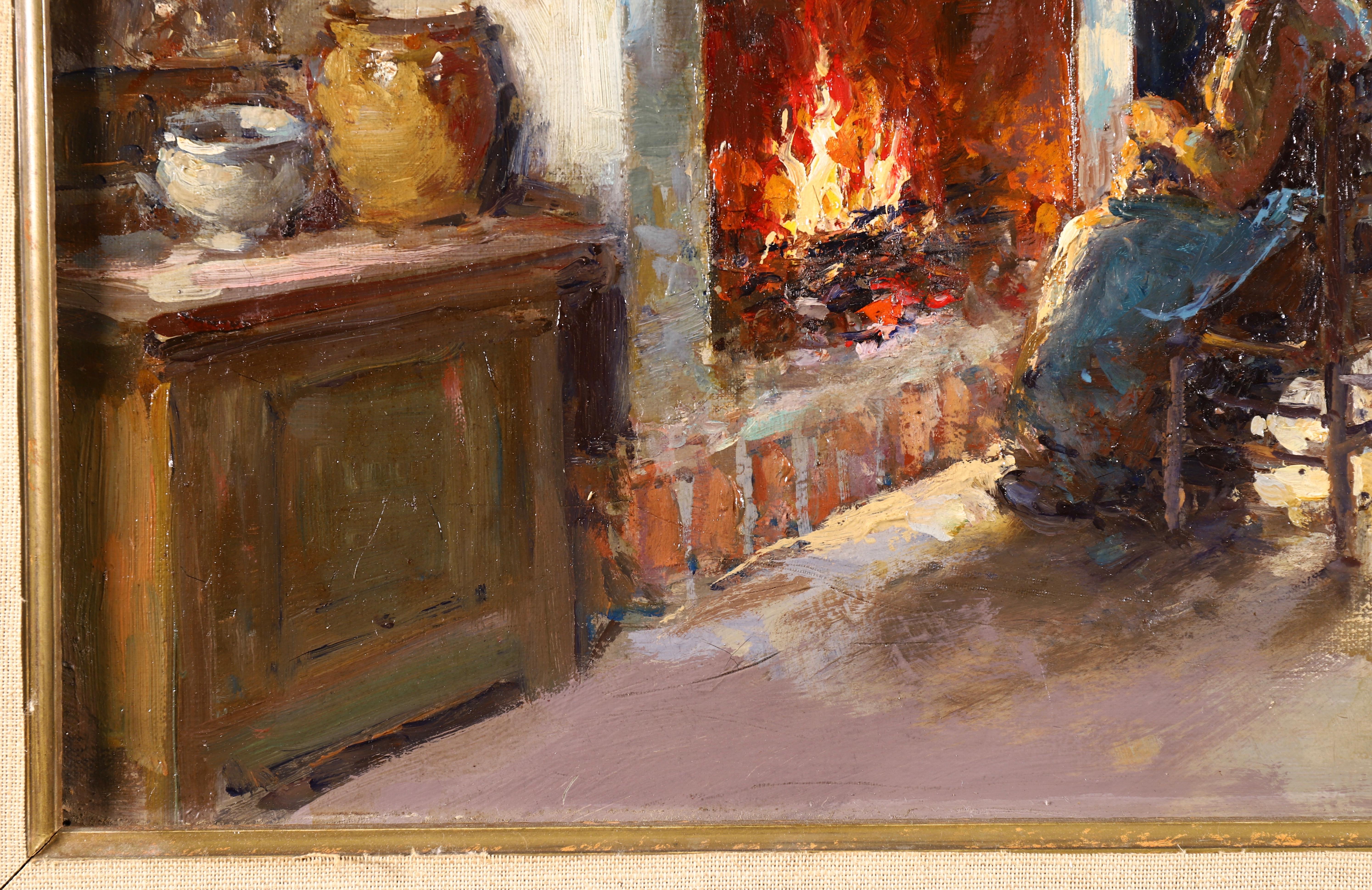A beautifully painted oil on canvas by French impressionist painter Edouard Leon Cortes depicting a Breton interior with a woman seated in front of an open fire sewing. Signed lower right. 

The work has been authenticated by Mme. Nicole Verdier and