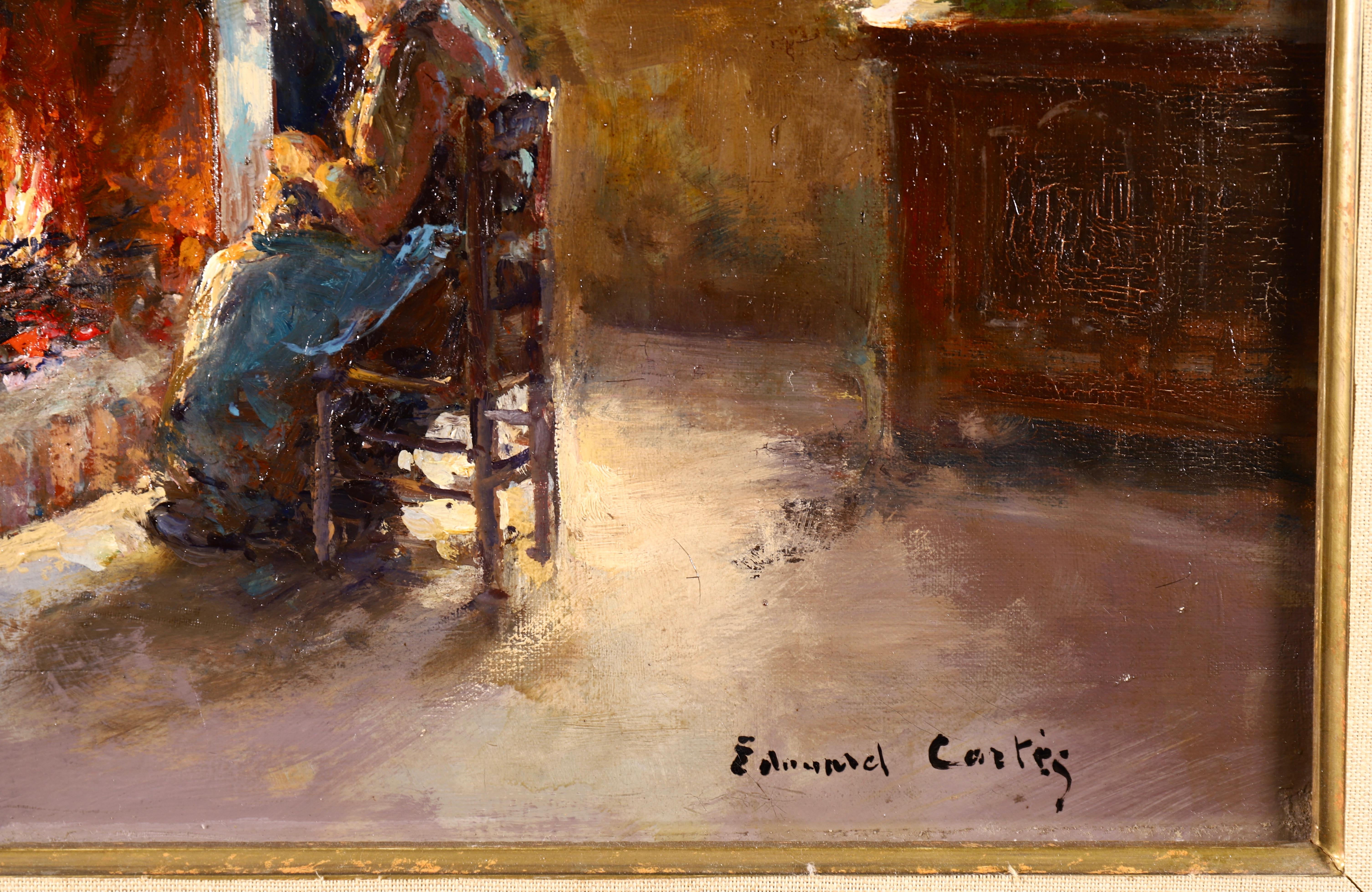 Au coin du feu - Impressionist Oil, Figure in Interior by Edouard Leon Cortes 1