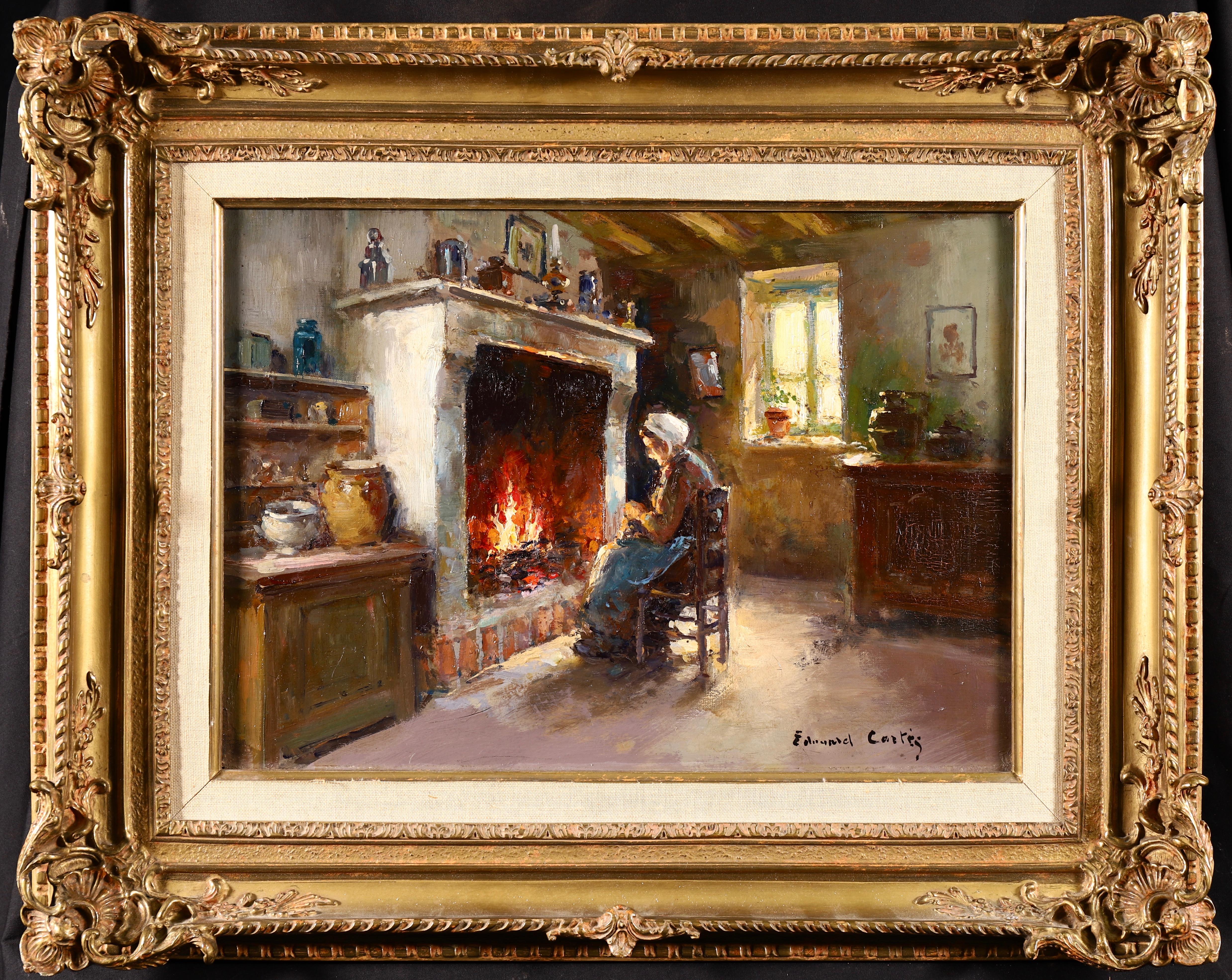 Interior Painting Édouard Leon Cortès - Au coin du feu - Huile impressionniste:: figure à l
intérieur d
Edouard Leon Cortes