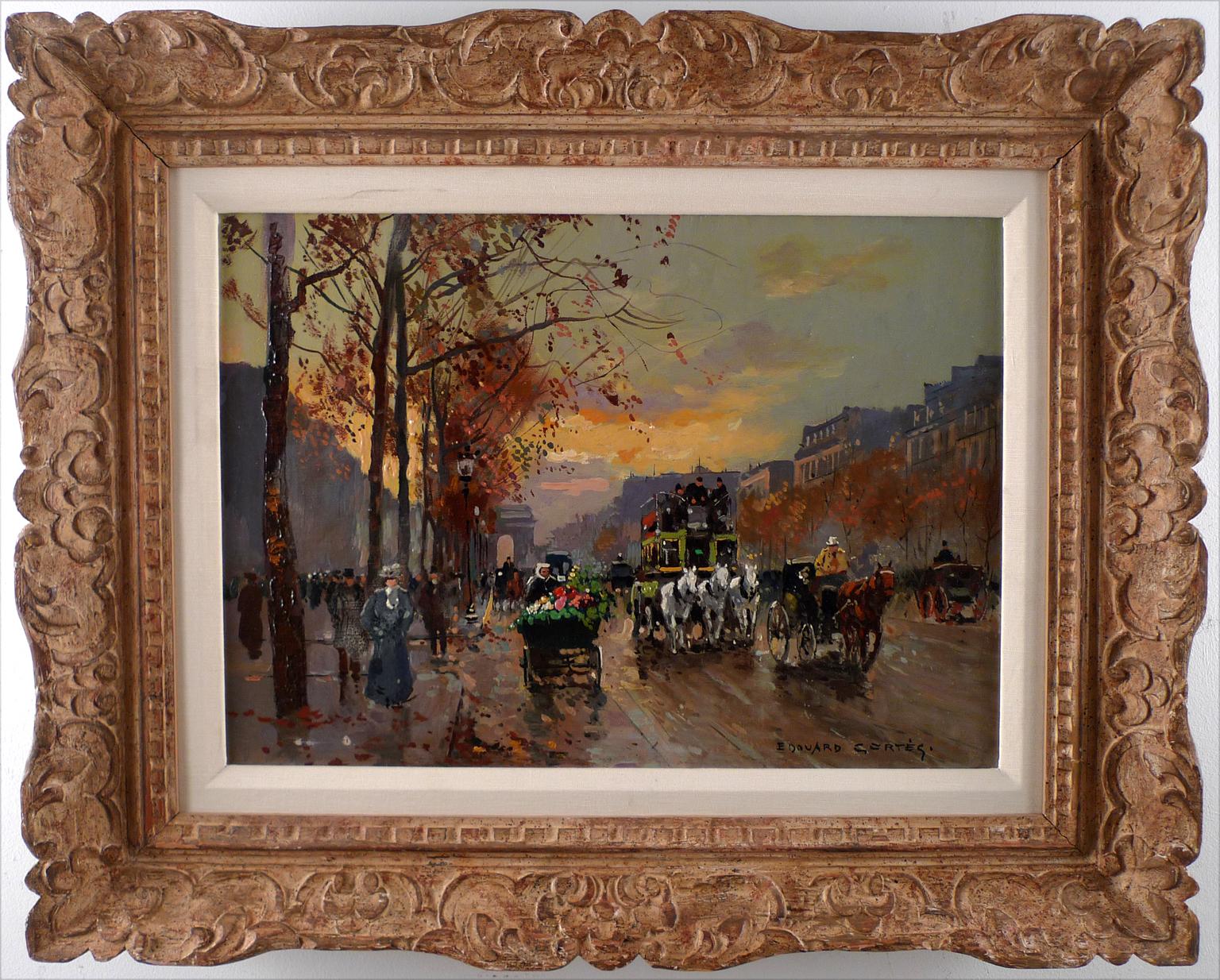 Édouard Leon Cortès Figurative Painting - "Avenue des Champs-Élysées à Paris" by Edouard Léon Cortès, 20th C Oil on Canvas