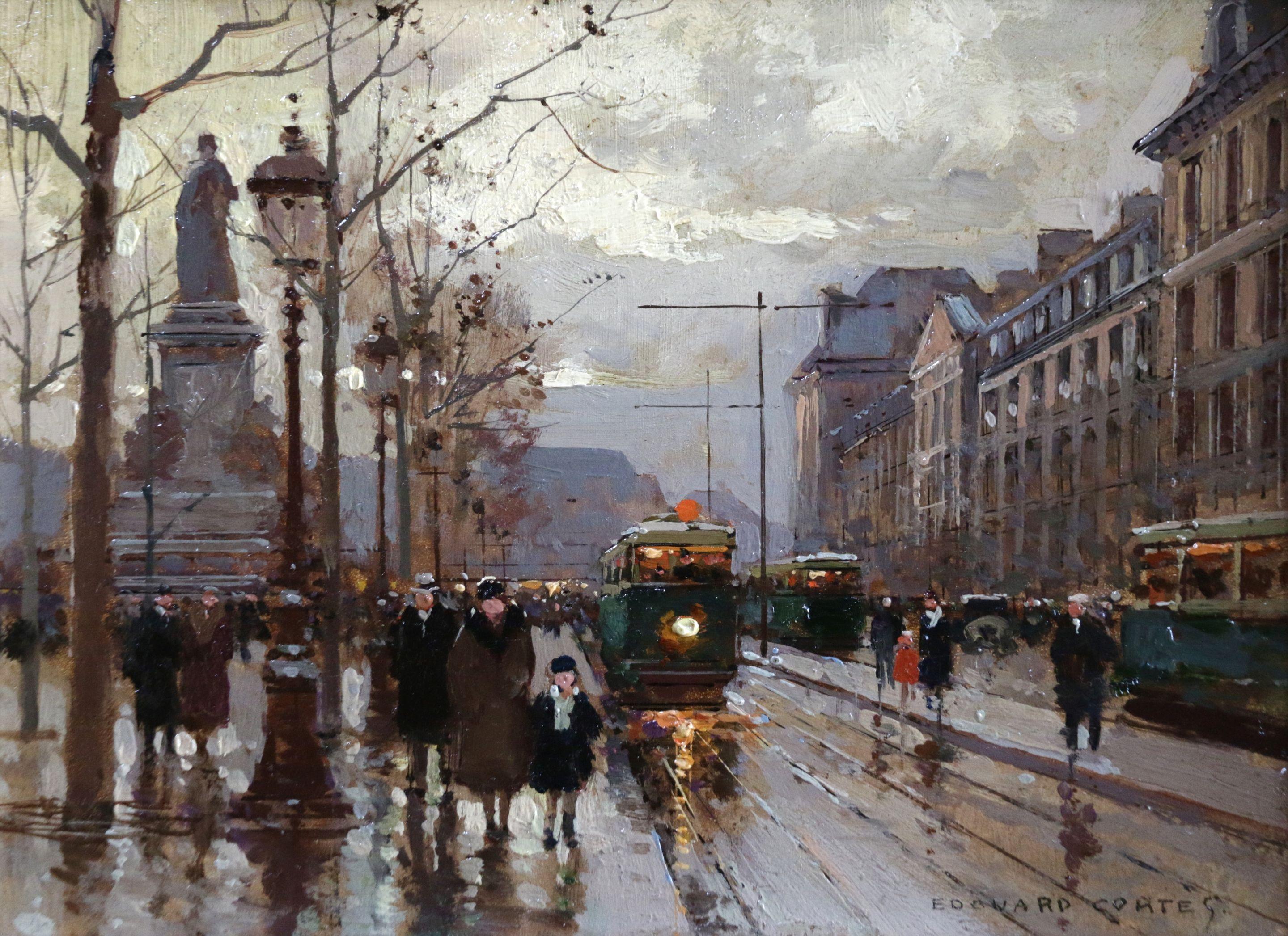 Édouard Leon Cortès Landscape Painting - Bastille - Evening - 19th Century Figures in Cityscape Oil by Edouard Cortes