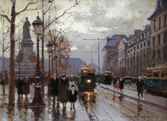 Bastille - Evening - 19th Century Figures in Cityscape Oil by Edouard Cortes