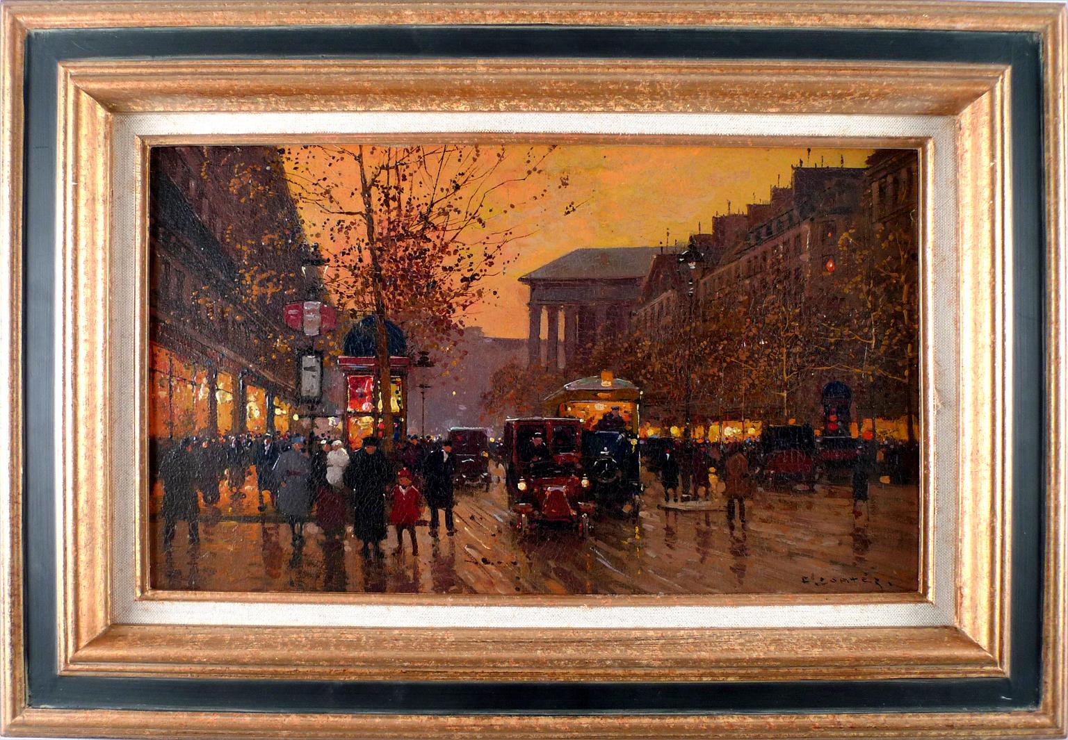 "Boulevard de la Madeleine, Crepuscule", 20th Century Oil on Canvas by E. Cortès