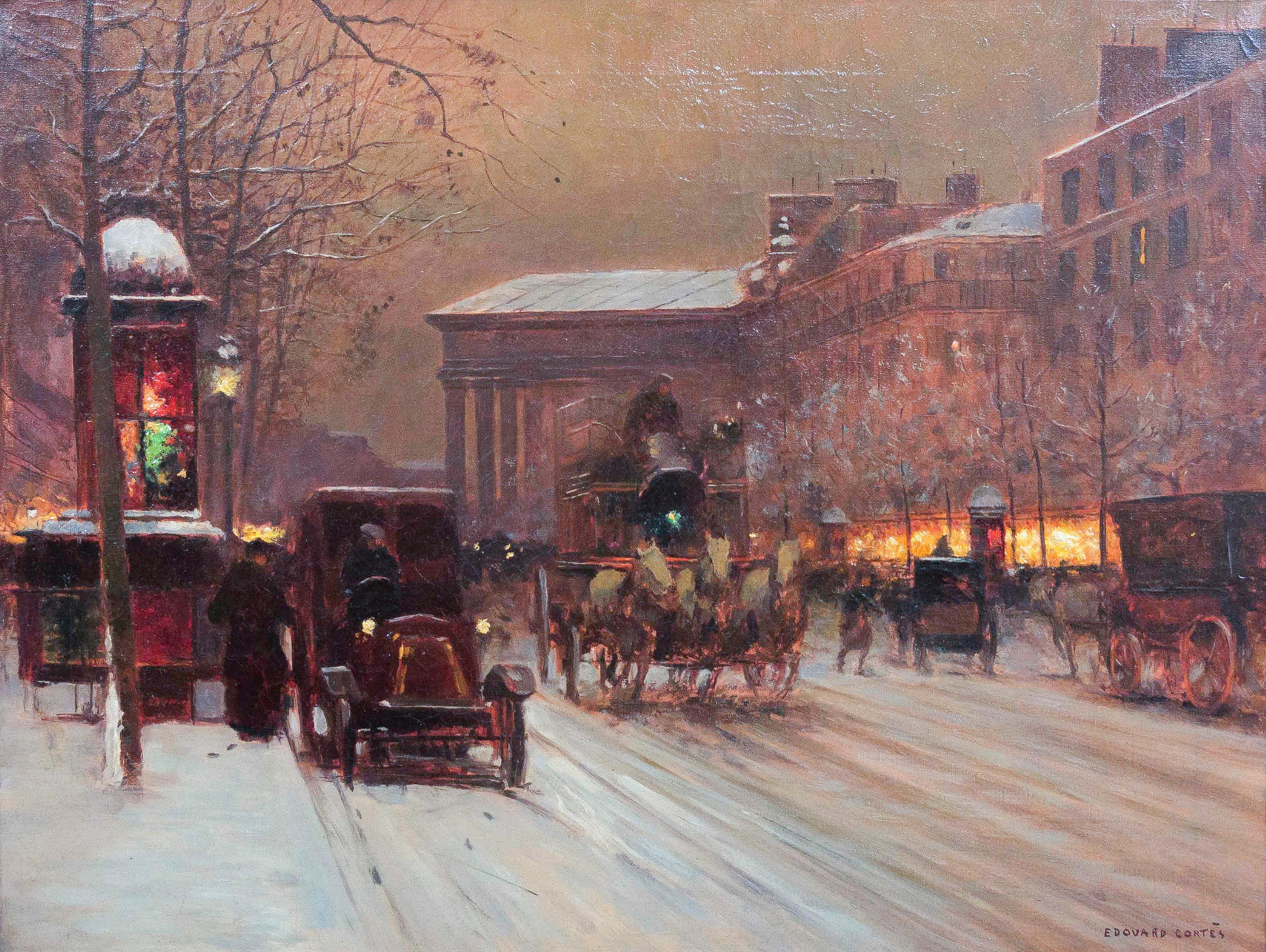 Boulevard de la Madeleine in Winter - Painting by Édouard Leon Cortès