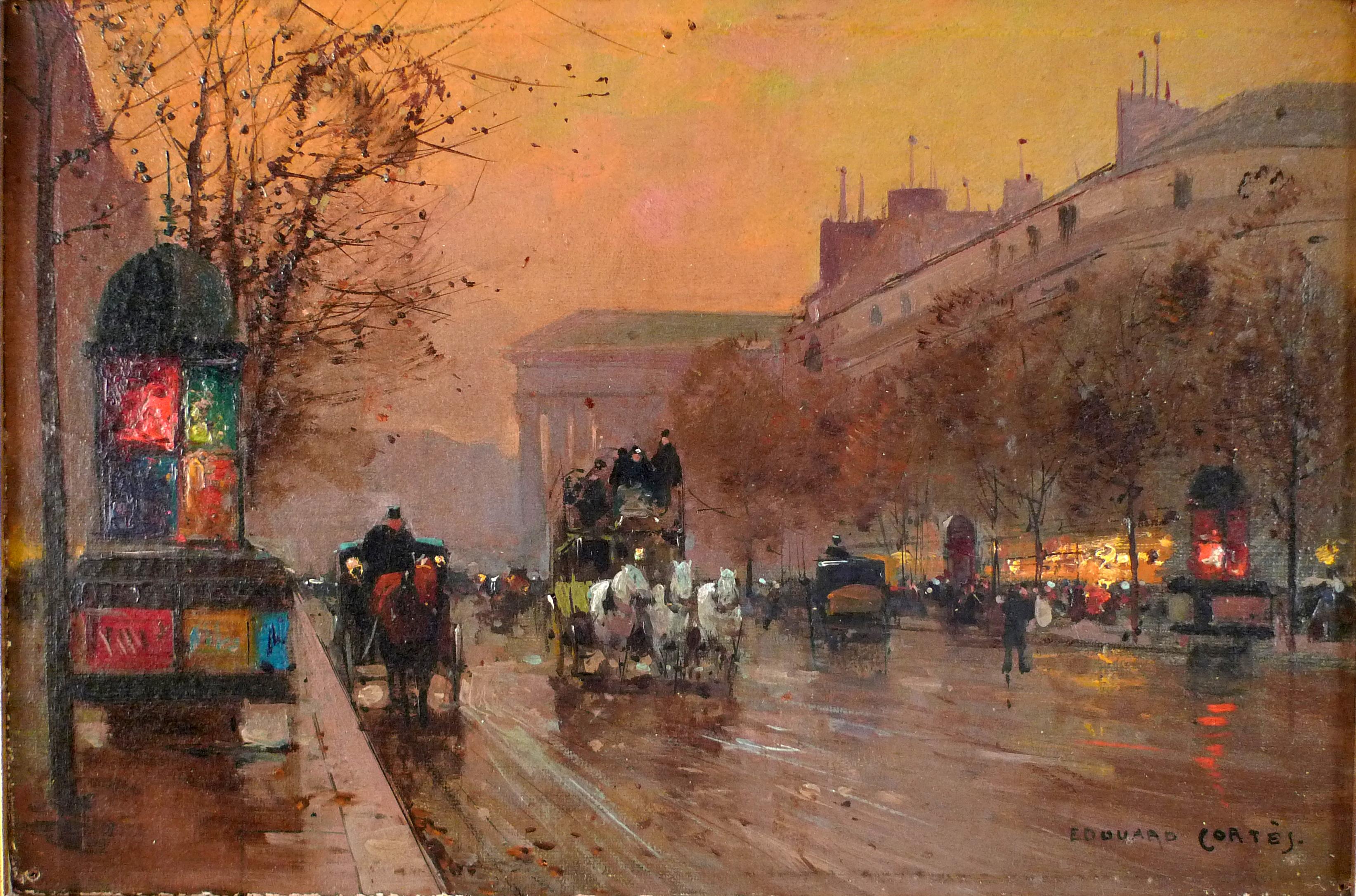 Édouard Leon Cortès Figurative Painting - "Boulevard de la Madeleine", Oil on Canvas of Parisian Sunset by Édouard Cortès