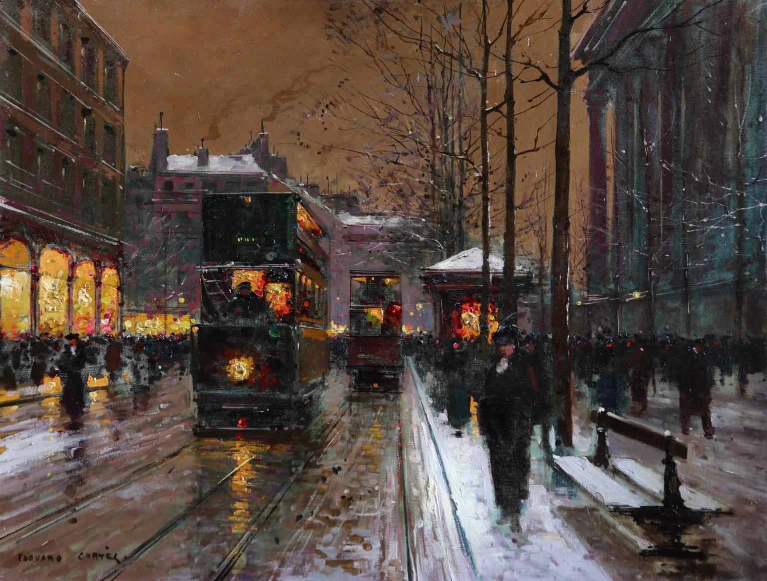 Édouard Leon Cortès Figurative Painting - Boulevard de la Madeleine Paris - Nuit - Figures in Winter Cityscape by E Cortes