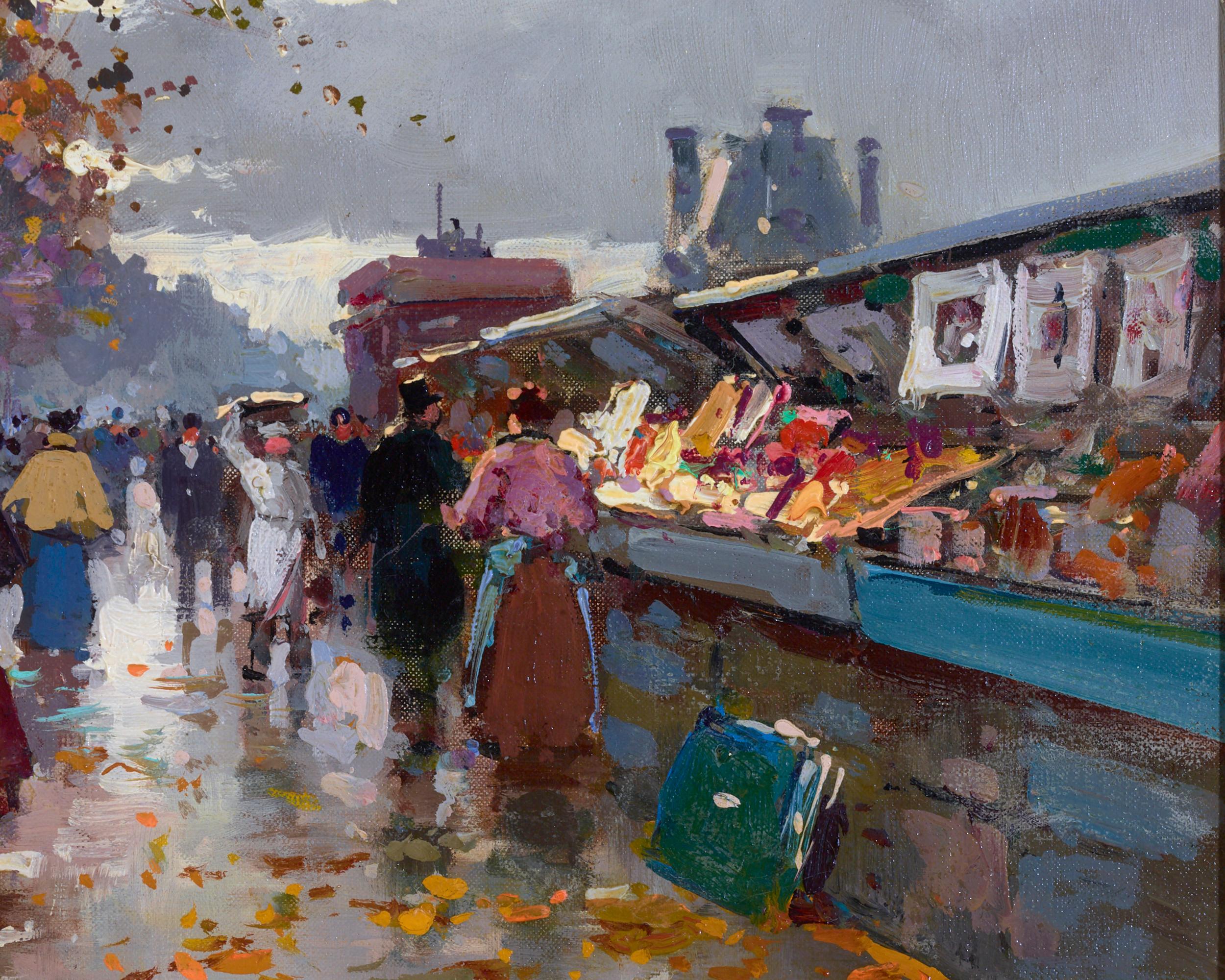 Bouquinistes (libraires parisiens) - Post-impressionnisme Painting par Édouard Leon Cortès