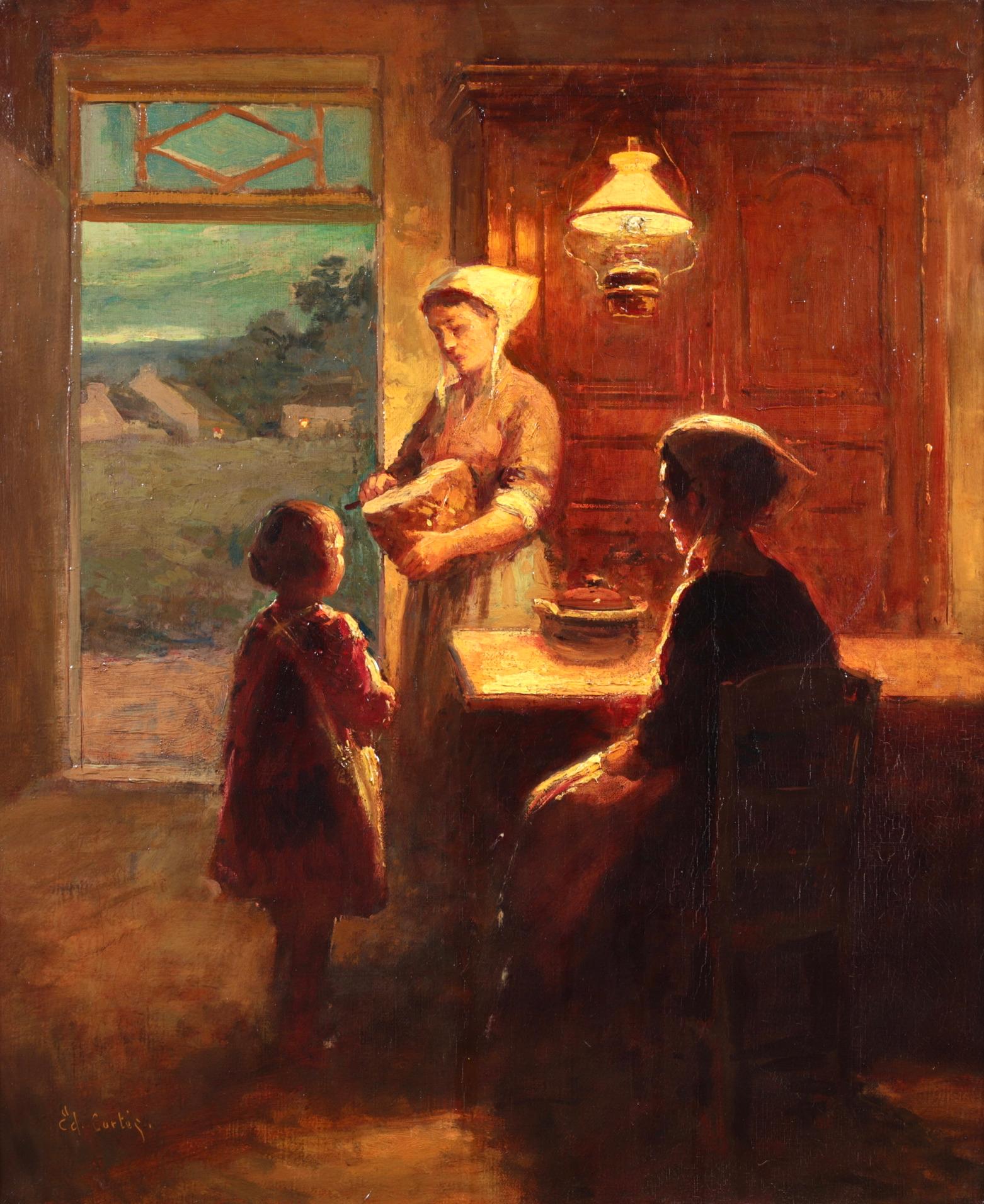 Früher Abend – Bretagne – Impressionistisches Interieur-Ölgemälde von Edouard Cortes – Painting von Édouard Leon Cortès