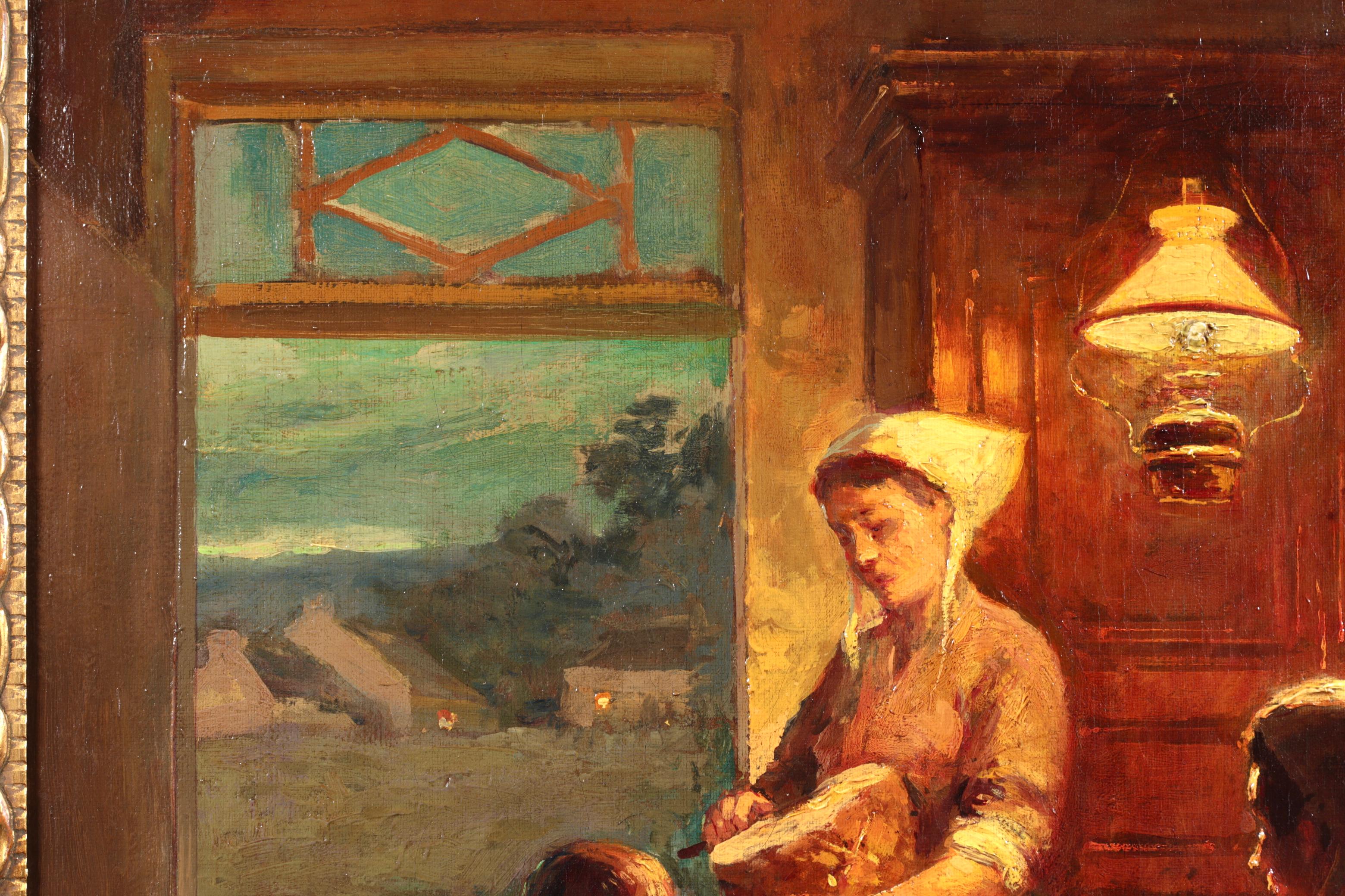 Früher Abend – Bretagne – Impressionistisches Interieur-Ölgemälde von Edouard Cortes (Impressionismus), Painting, von Édouard Leon Cortès