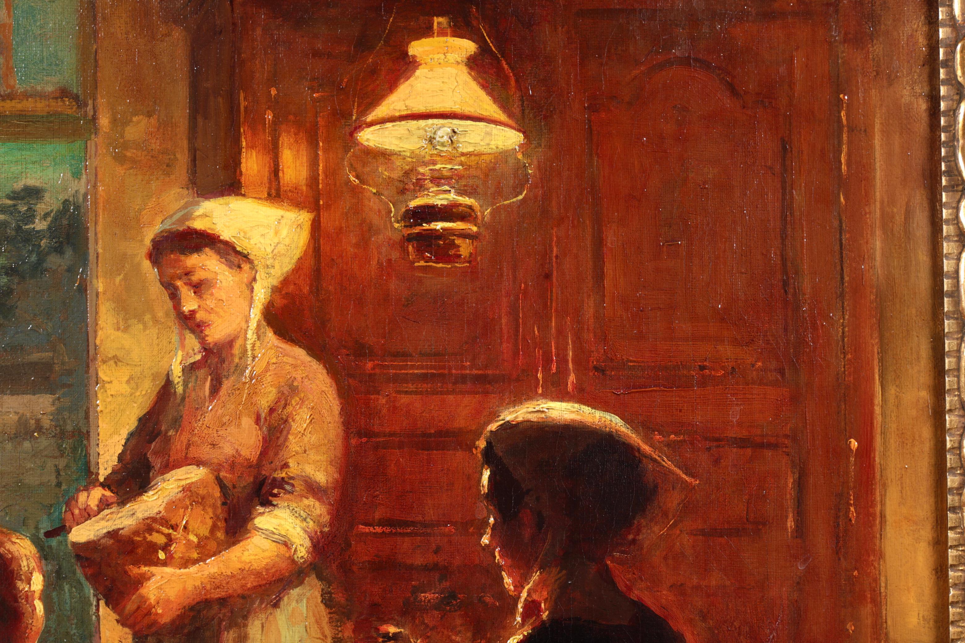 Signierte Figuren in Interieur Öl auf Leinwand um 1925 von gesuchten Französisch impressionistischen Maler Edouard Leon Cortes. Dieses charmante und nostalgische Werk stellt eine Familie in einer typisch bretonischen Küchenszene dar. Eine Frau sitzt