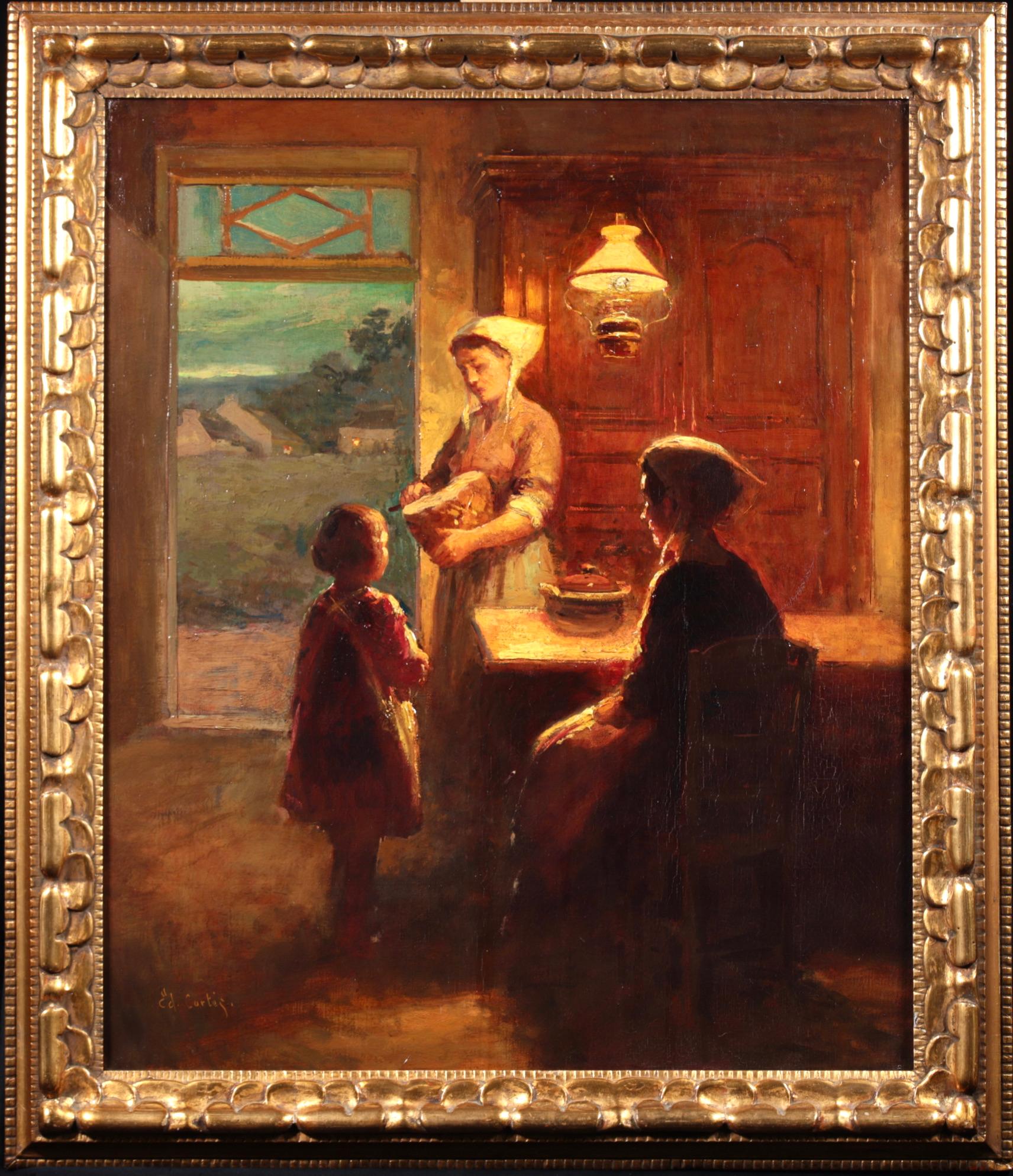 Édouard Leon Cortès Interior Painting – Früher Abend – Bretagne – Impressionistisches Interieur-Ölgemälde von Edouard Cortes