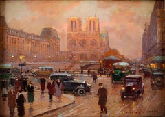 Vintage Edouard Léon Cortès, Oil on Wood Panel,  "Notre-Dame View from The Quays, 1936"