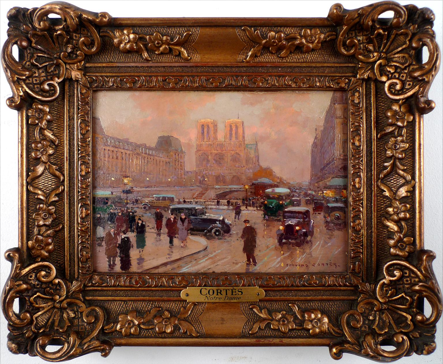 Edouard Léon Cortès, Öl auf Holzplatte,  „Notre-Dame View from The Quays, 1936“ – Painting von Édouard Leon Cortès