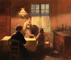 Effet de Lampe - Impressionist Figures in Interior Oil by Edouard Cortes