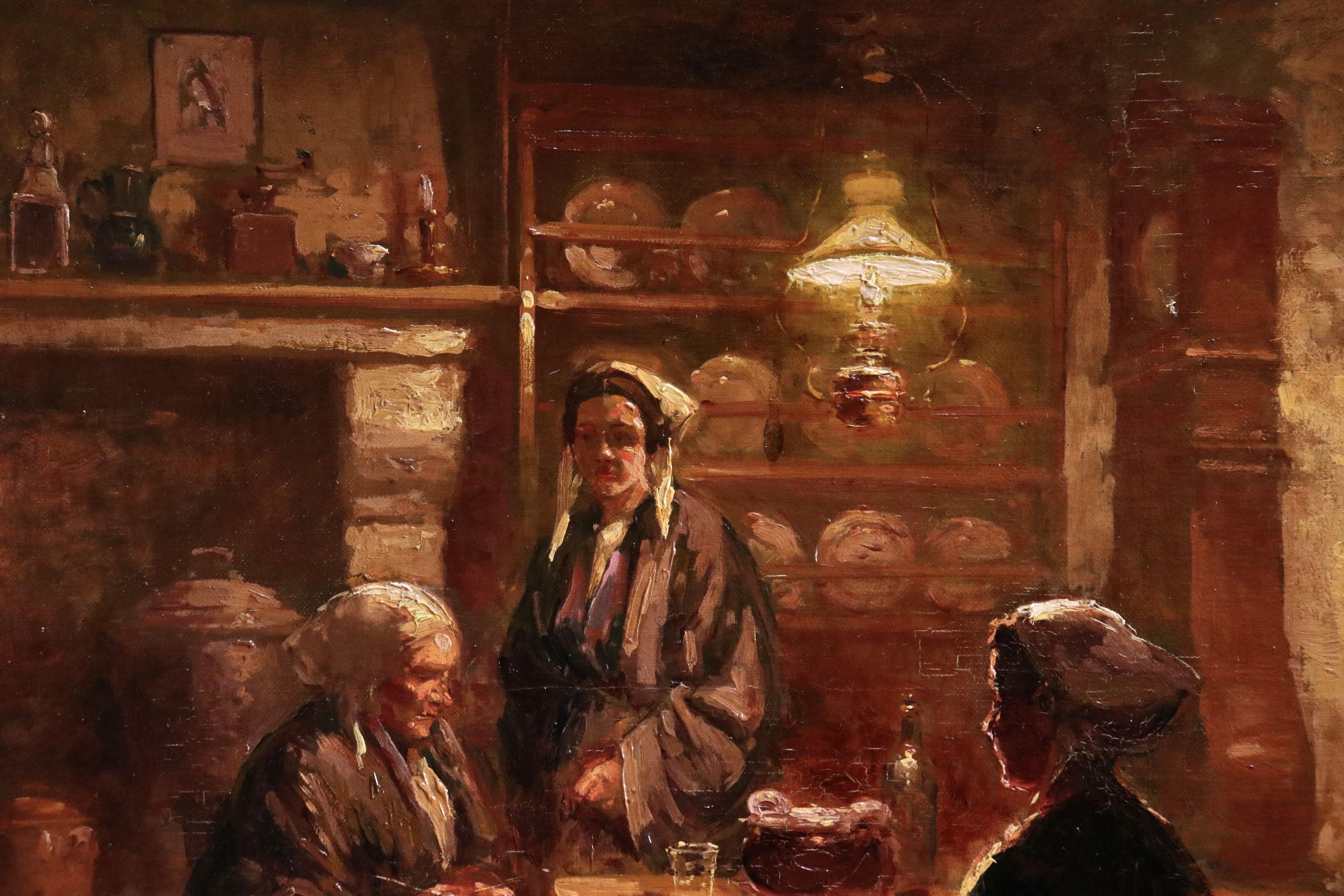 Evening in a Breton Kitchen - 20th Century Oil, Figures in Interior by E Cortes - Impressionist Painting by Édouard Leon Cortès