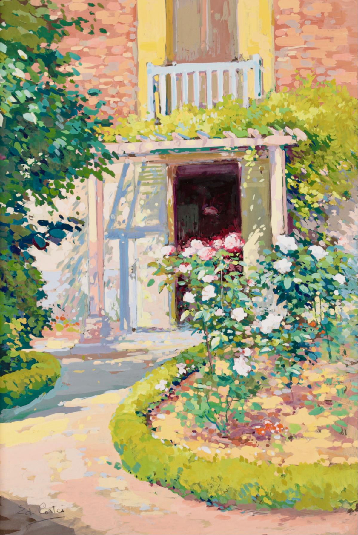 Blumengarten – Französisch-impressionistische Gouache, Landschaft von Edouard Cortes im Angebot 7