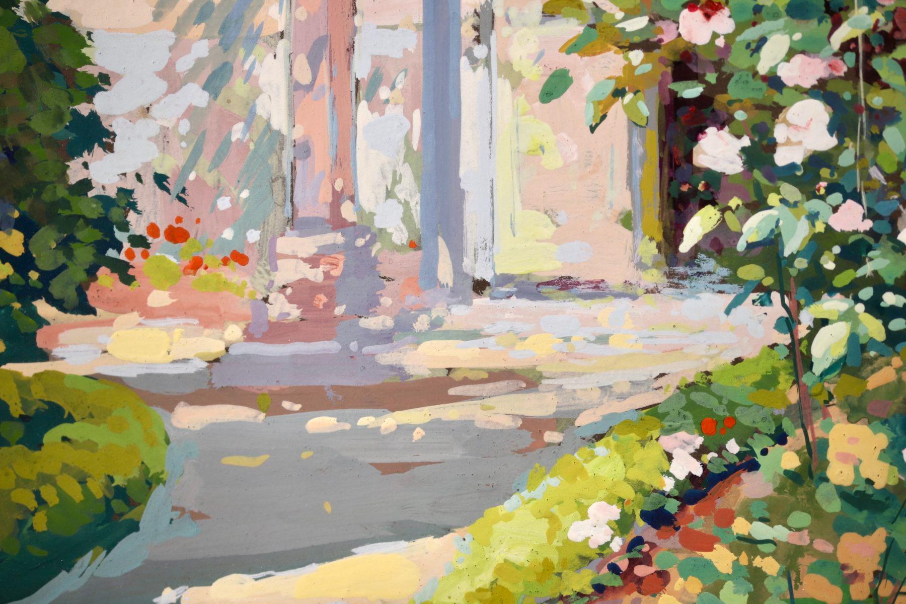 Un superbe paysage à la gouache sur carton datant de 1940, réalisé par le peintre impressionniste français Edouard Leon Cortes. L'œuvre est une magnifique représentation du jardin de l'artiste à Lagny par une journée d'été chaude et ensoleillée. Les