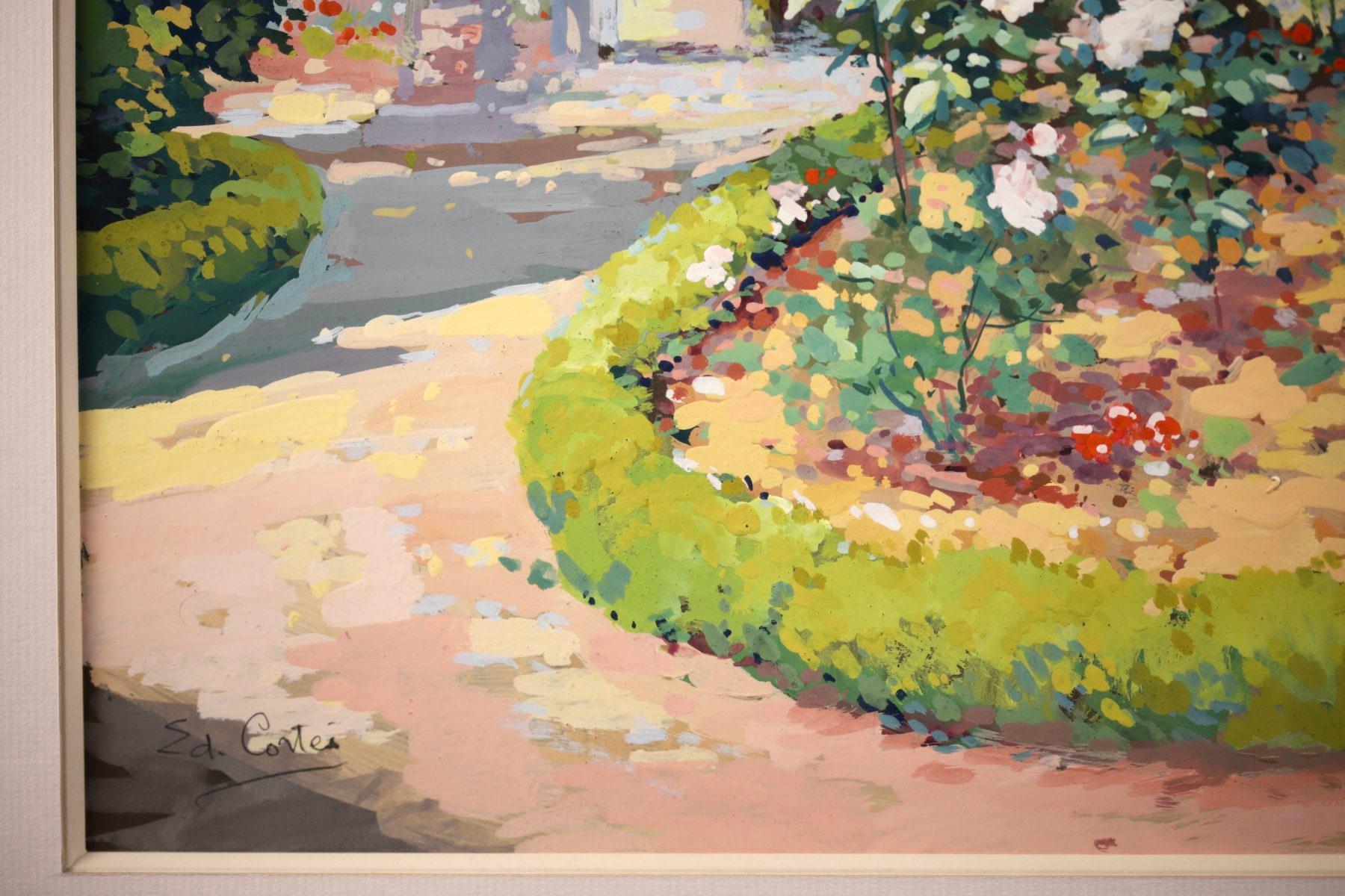 Blumengarten – Französisch-impressionistische Gouache, Landschaft von Edouard Cortes im Angebot 1