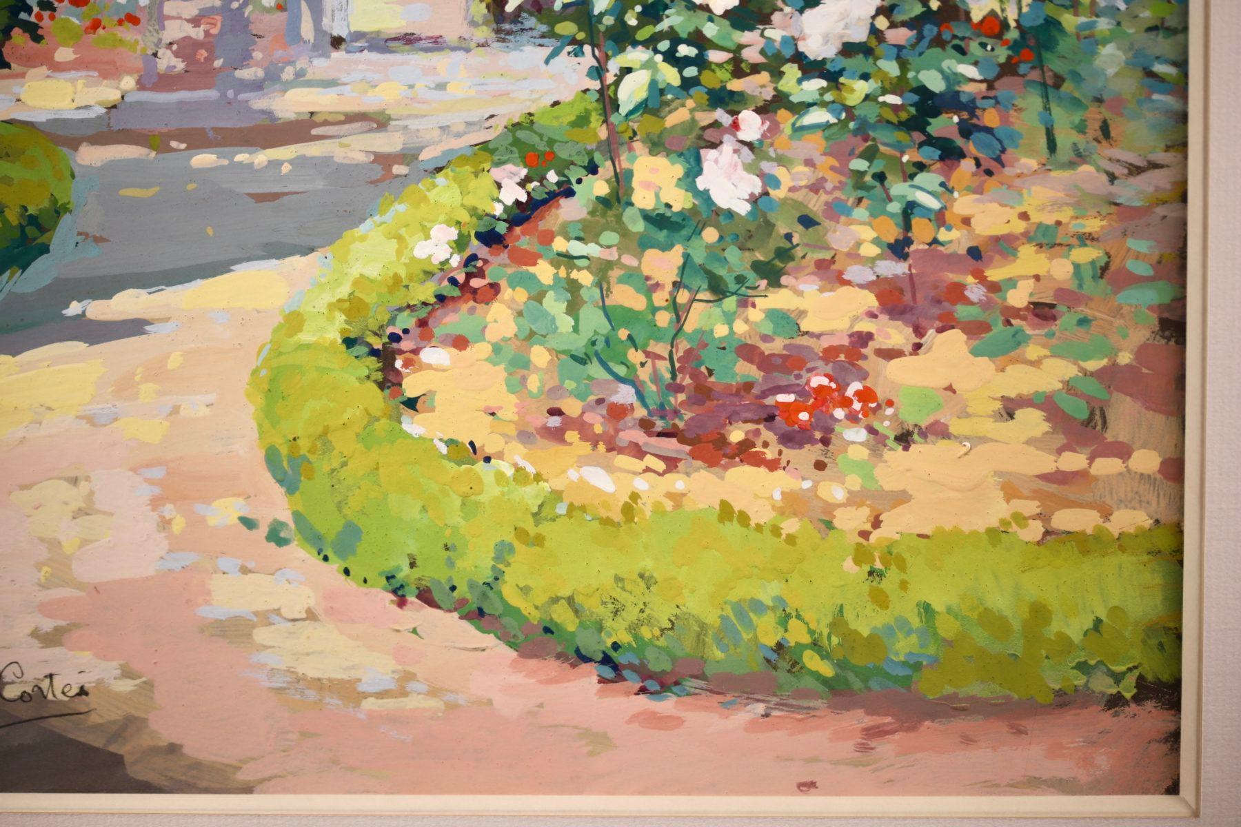 Blumengarten – Französisch-impressionistische Gouache, Landschaft von Edouard Cortes im Angebot 3