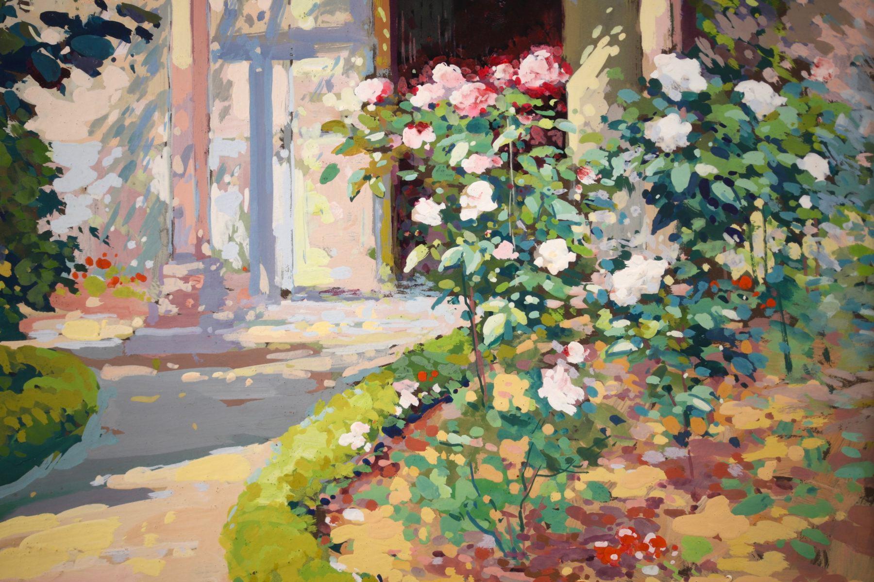 Blumengarten – Französisch-impressionistische Gouache, Landschaft von Edouard Cortes im Angebot 4