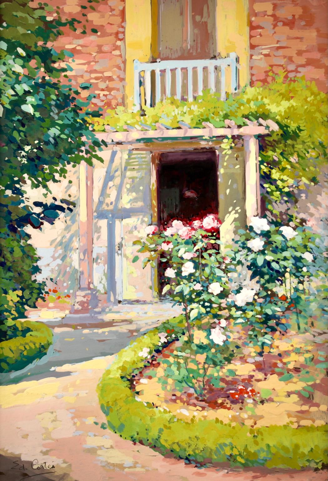 Flower Garden - French Impressionist Gouache, Landscape by Edouard Cortes