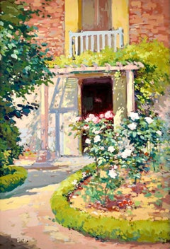 Vintage Flower Garden - French Impressionist Gouache, Landscape by Edouard Cortes