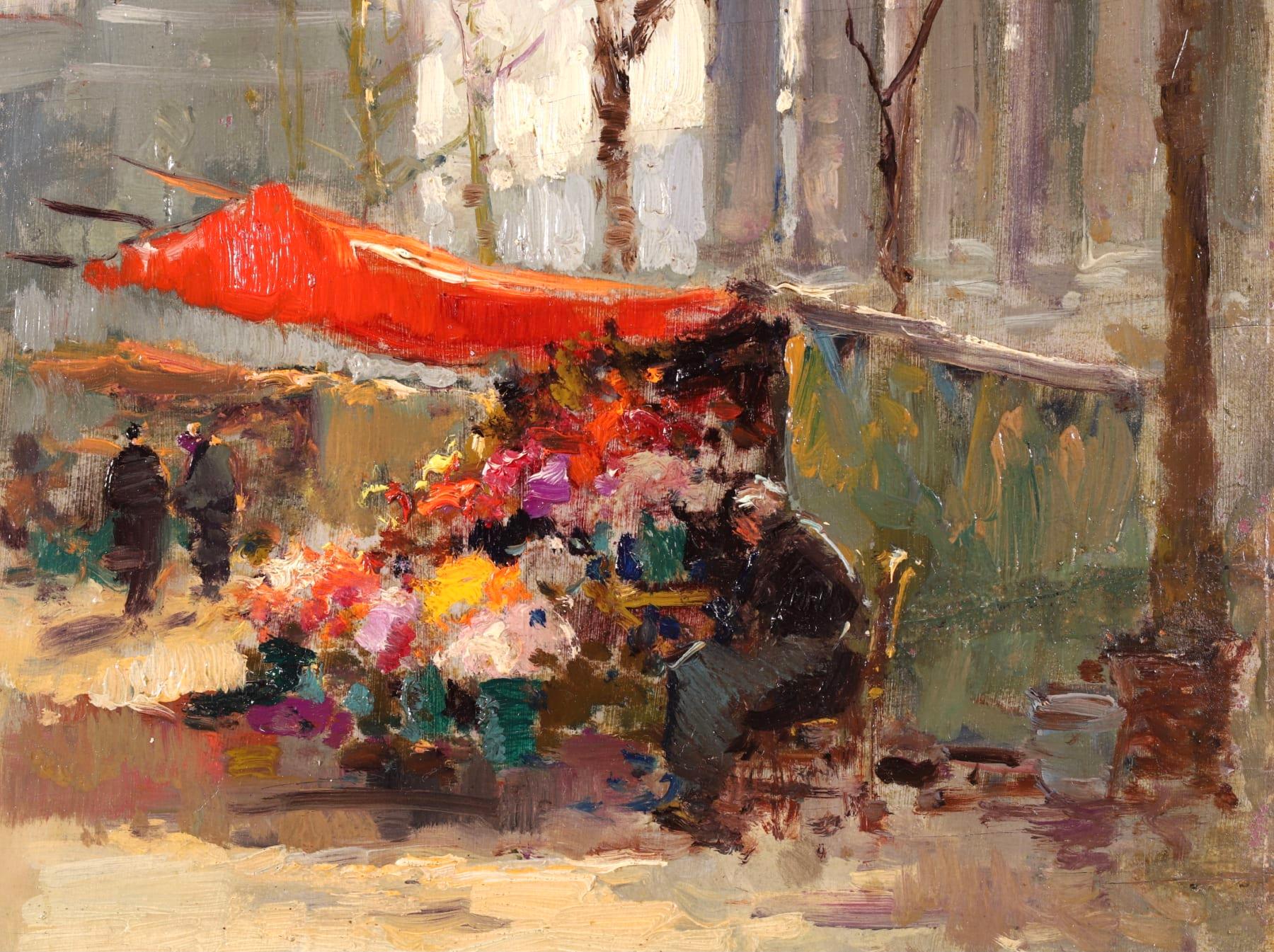 Marché aux fleurs - Huile impressionniste:: Figures dans un paysage urbain par Edouard Cortès 5